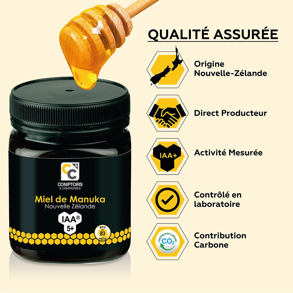 Pot de miel avec couvercle noir. Étiquette avec informations produit et QR code. IAA 5+.