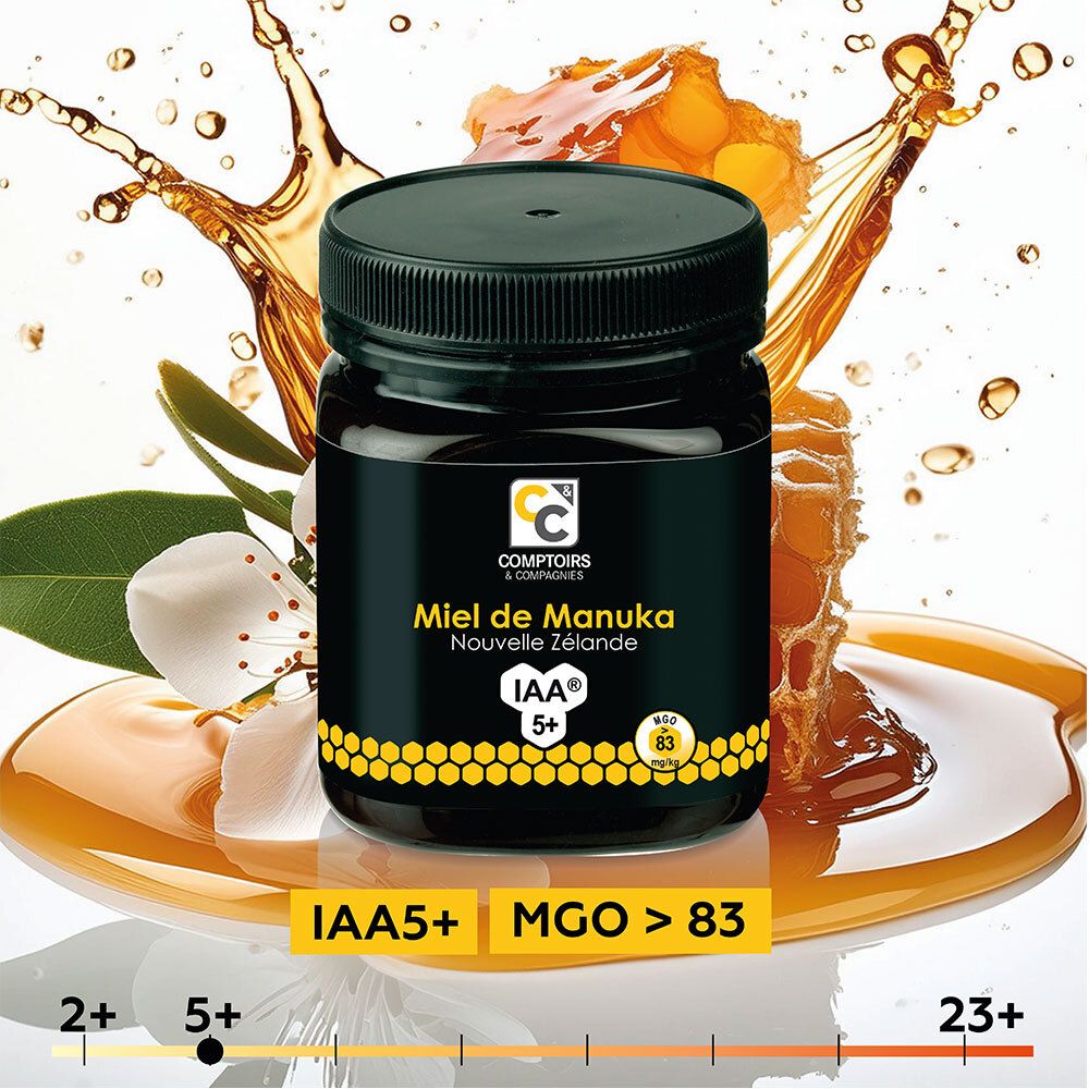 Pot de miel avec couvercle noir. Étiquette avec informations produit et QR code. IAA 5+.