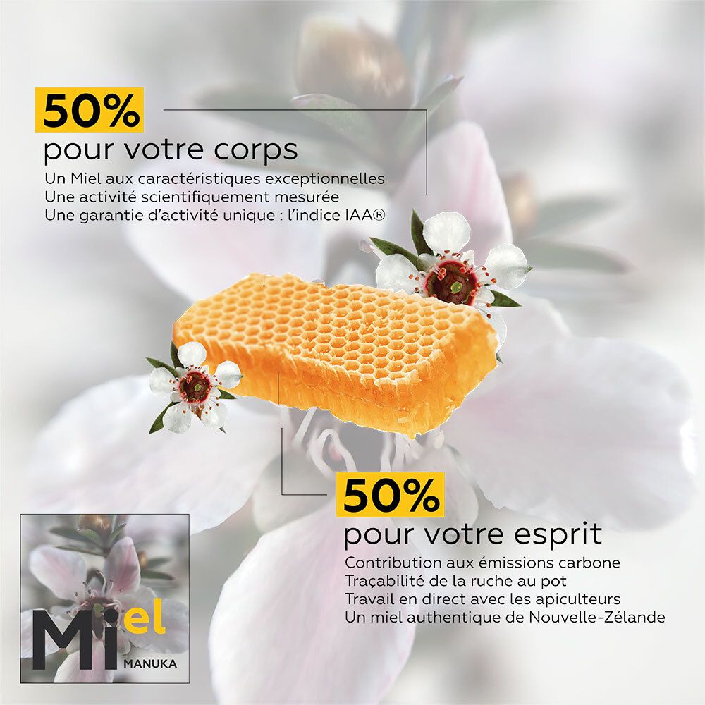 Pot de miel avec couvercle noir. Étiquette avec informations produit et QR code. IAA 5+.