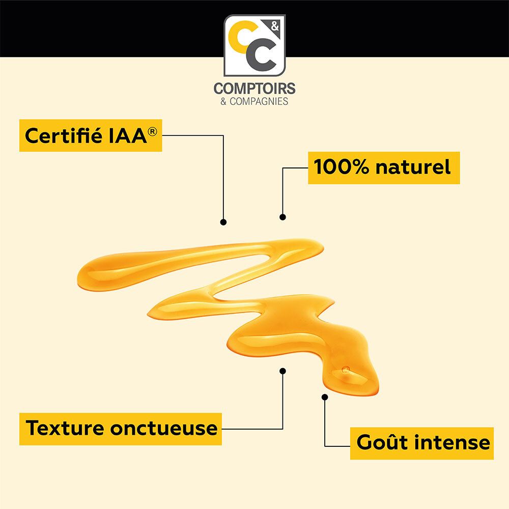 Pot de miel avec couvercle noir. Étiquette avec informations produit et QR code. IAA 5+.