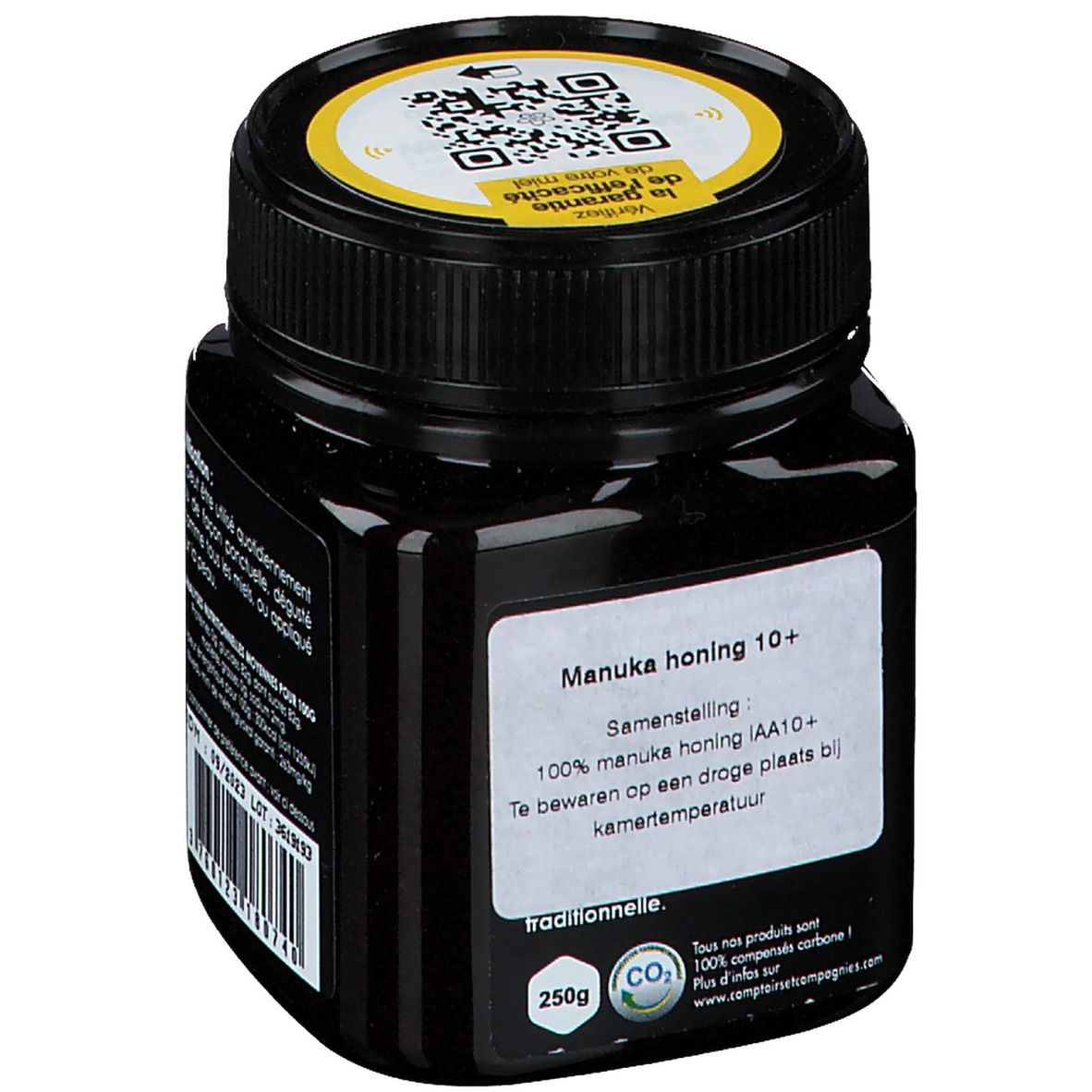 Zwarte pot honing met wit etiket. Opschrift: Manuka honing 10+. Geel deksel met QR-code. 250g.
