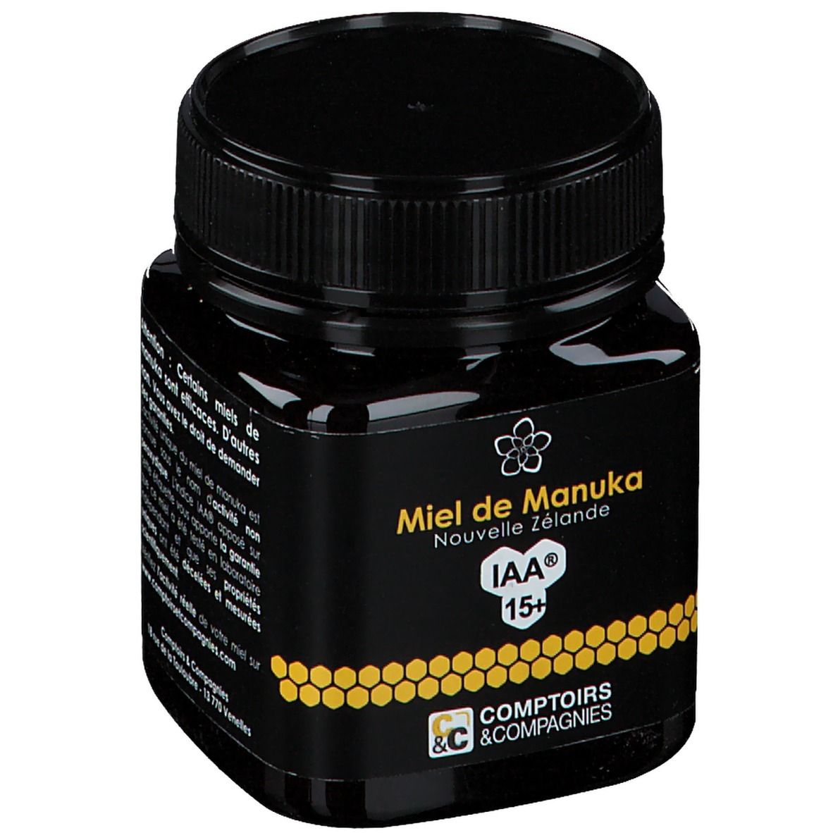 Pot noir de miel de Manuka Nouvelle Zélande IAA 15+. Logo Comptoirs & Compagnies. Couvercle noir. Étiquette avec texte et logo.