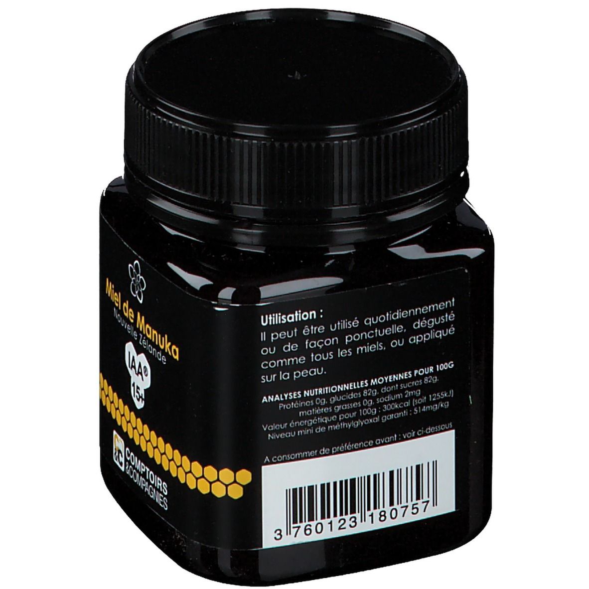 Pot noir de miel. Étiquette avec informations nutritionnelles et texte. Miel de Manuka Nouvelle Zélande IAA 15+. Logo Comptoirs & Compagnies.