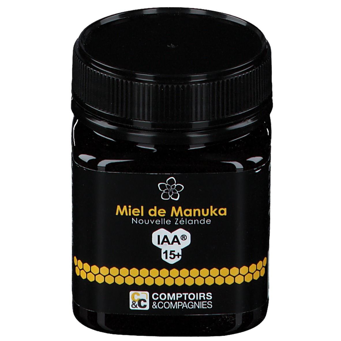 Pot noir de miel de Manuka Nouvelle Zélande IAA 15+. Logo Comptoirs & Compagnies. Couvercle noir. Étiquette avec texte et logo.