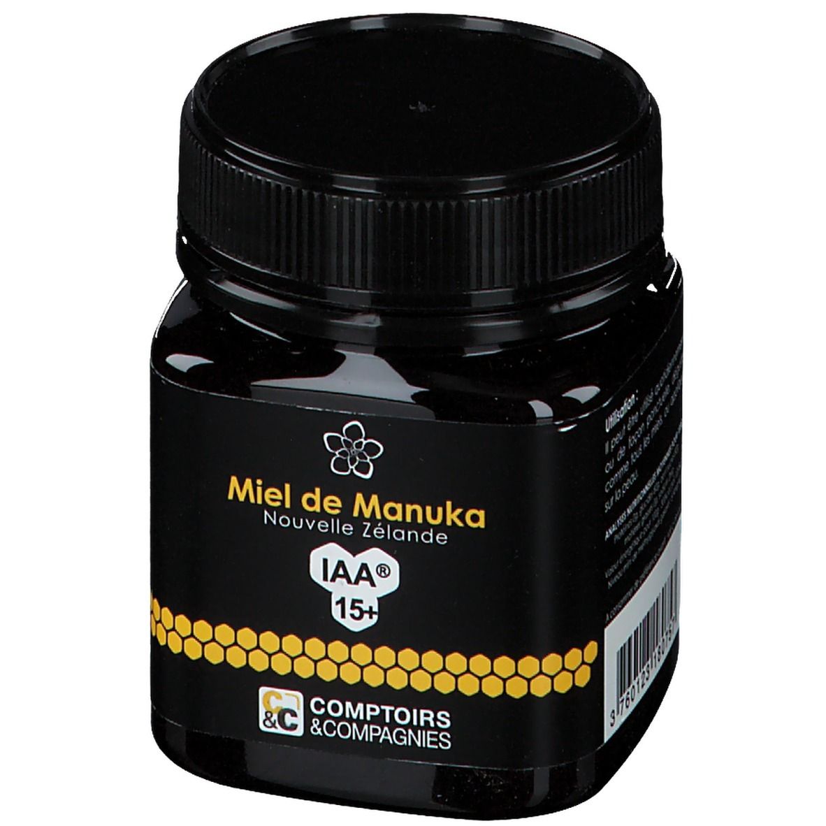 Pot noir de miel de Manuka Nouvelle Zélande IAA 15+. Logo Comptoirs & Compagnies. Couvercle noir. Étiquette.