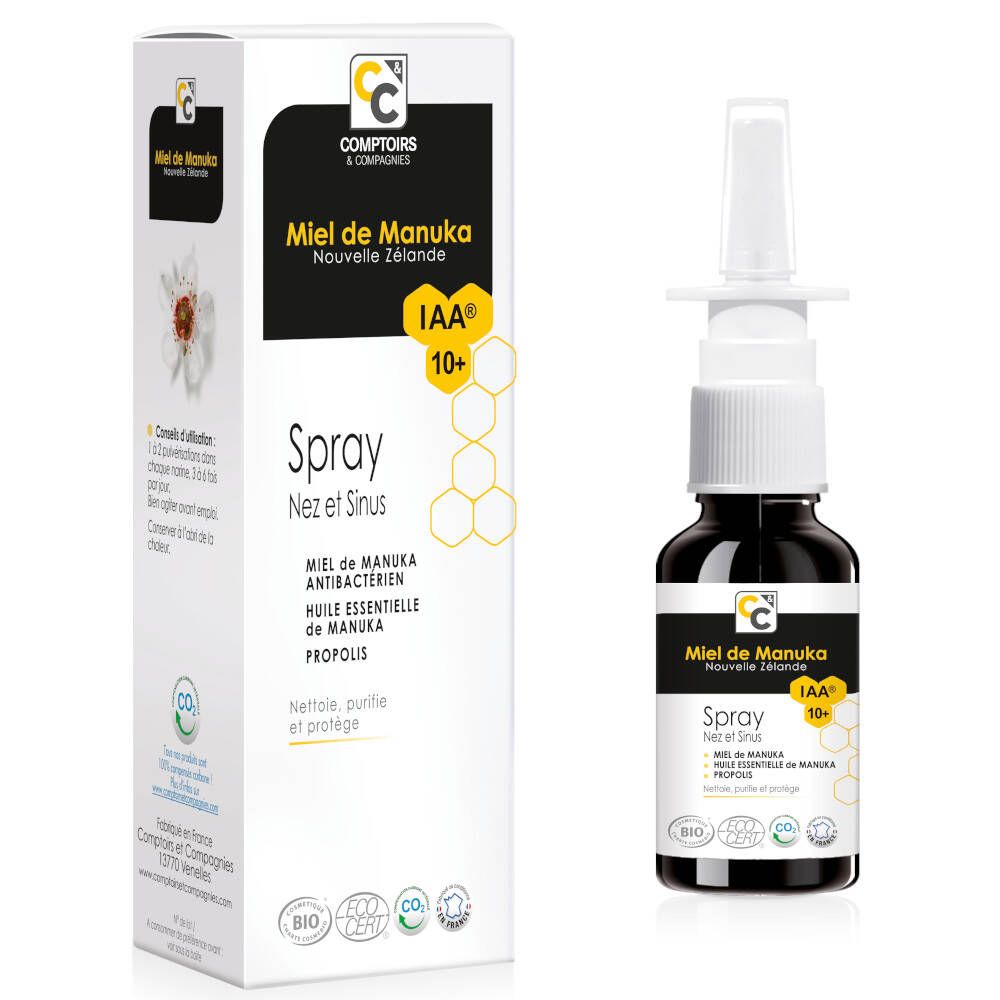 Spray nasal au miel de Manuka. Flacon et emballage avec informations et logo. Certification biologique.