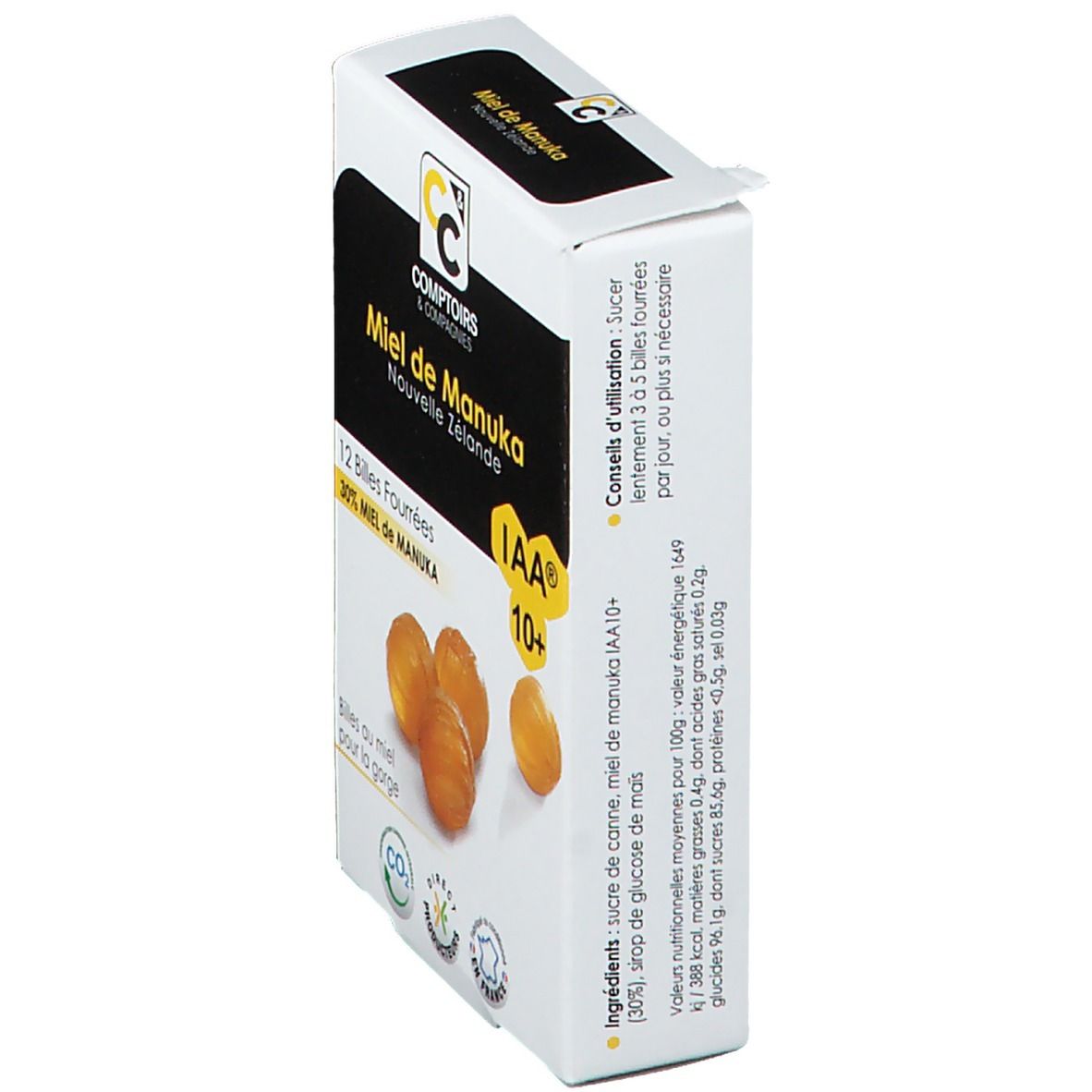 Verpakking Comptoirs & Compagnies Billes Fourrées Miel de Manuka IAA 10+. 12 tabletten. IAA 10+ zegel.