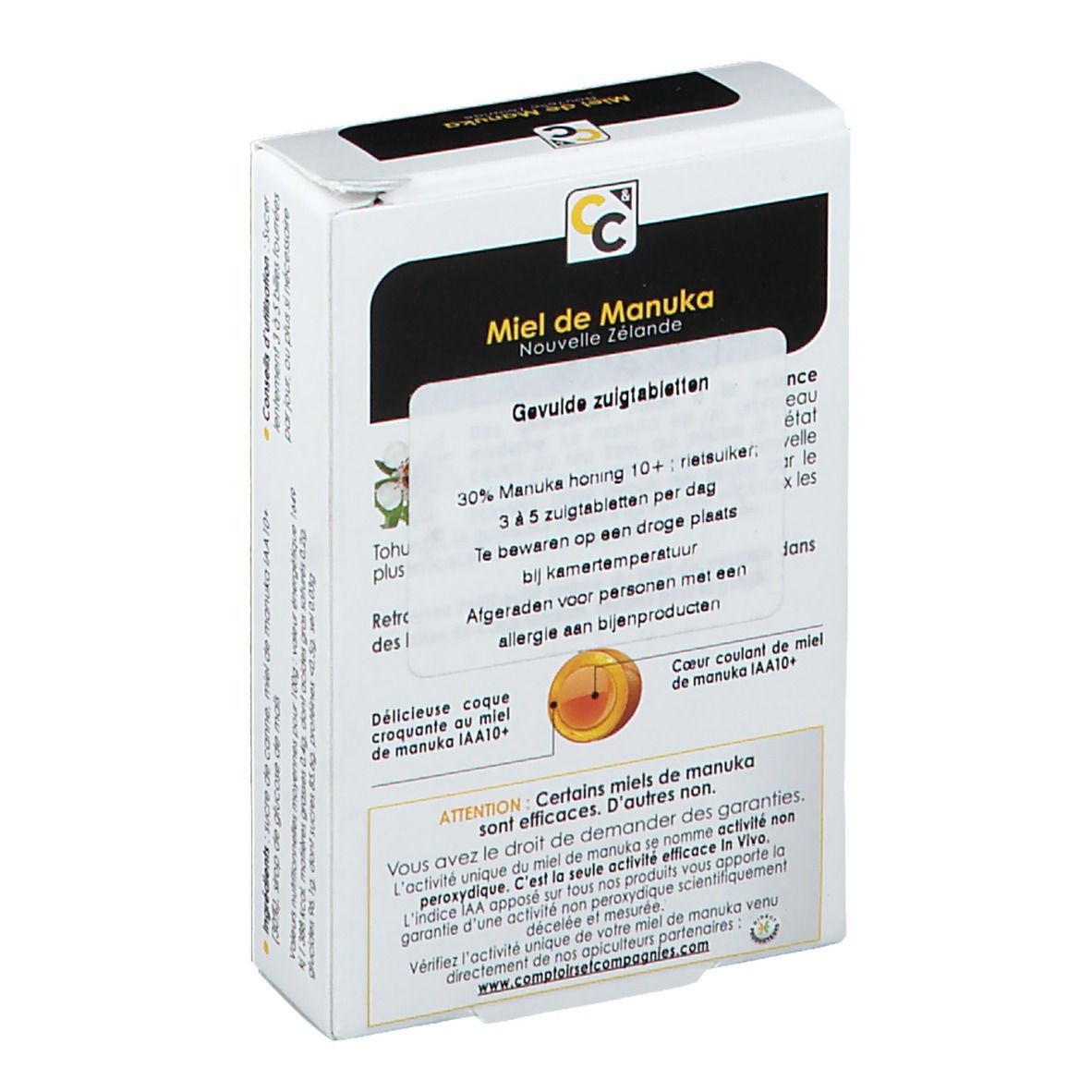 Achterkant verpakking Comptoirs & Compagnies Billes Fourrées Miel de Manuka IAA 10+. Tekst en logo.