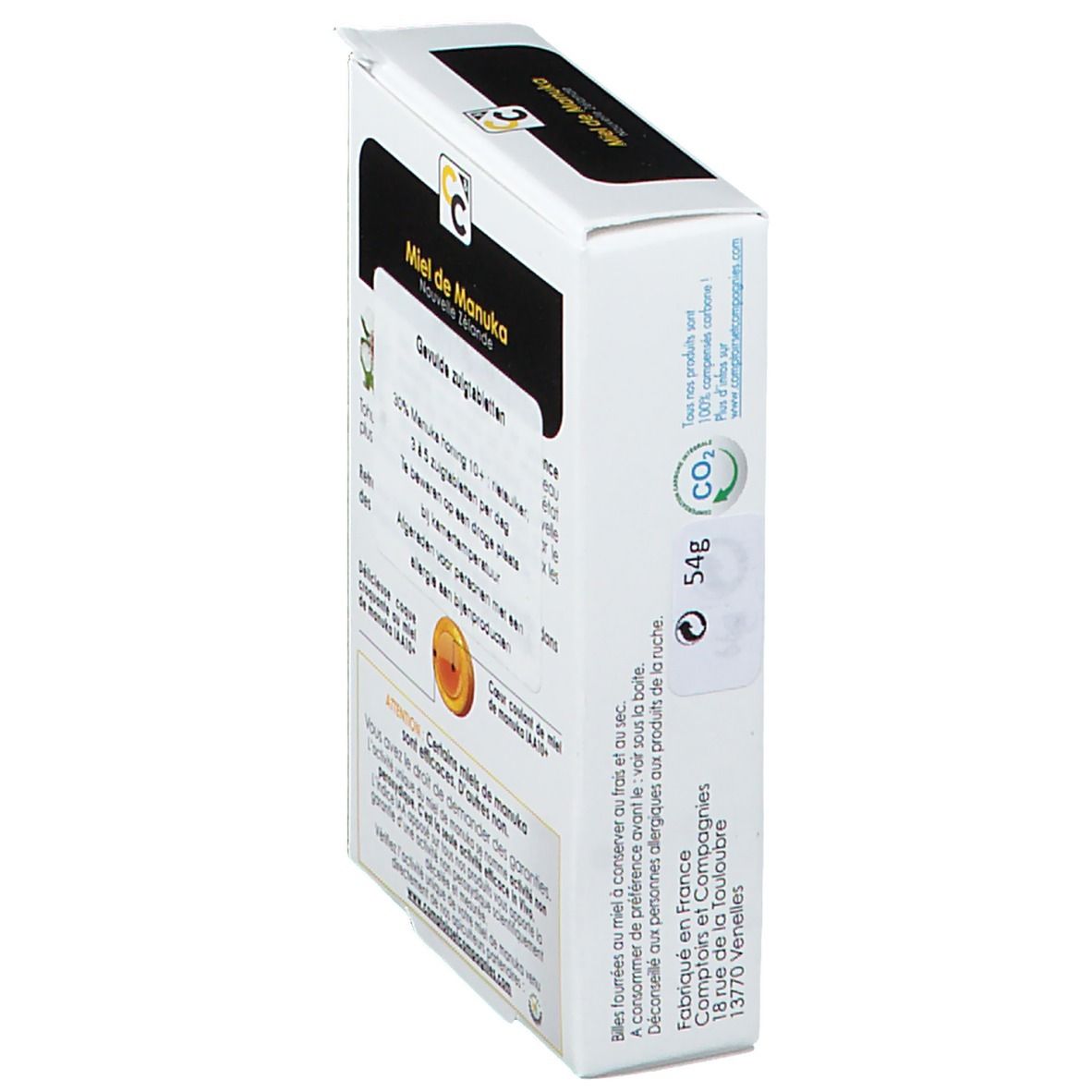 Zijaanzicht verpakking Comptoirs & Compagnies Billes Fourrées Miel de Manuka IAA 10+. Tekst en logo.