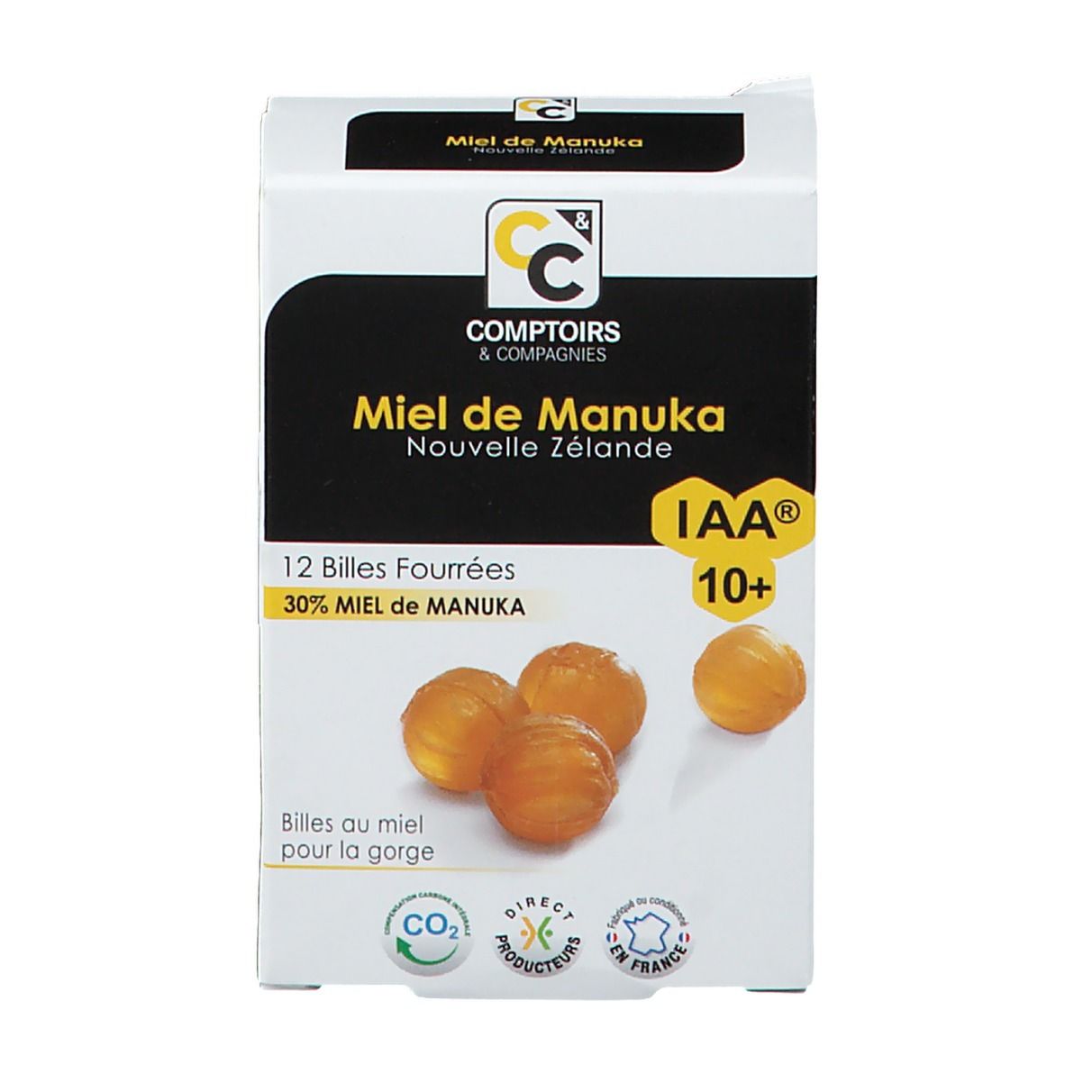Voorkant verpakking Comptoirs & Compagnies Billes Fourrées Miel de Manuka IAA 10+. 12 tabletten.