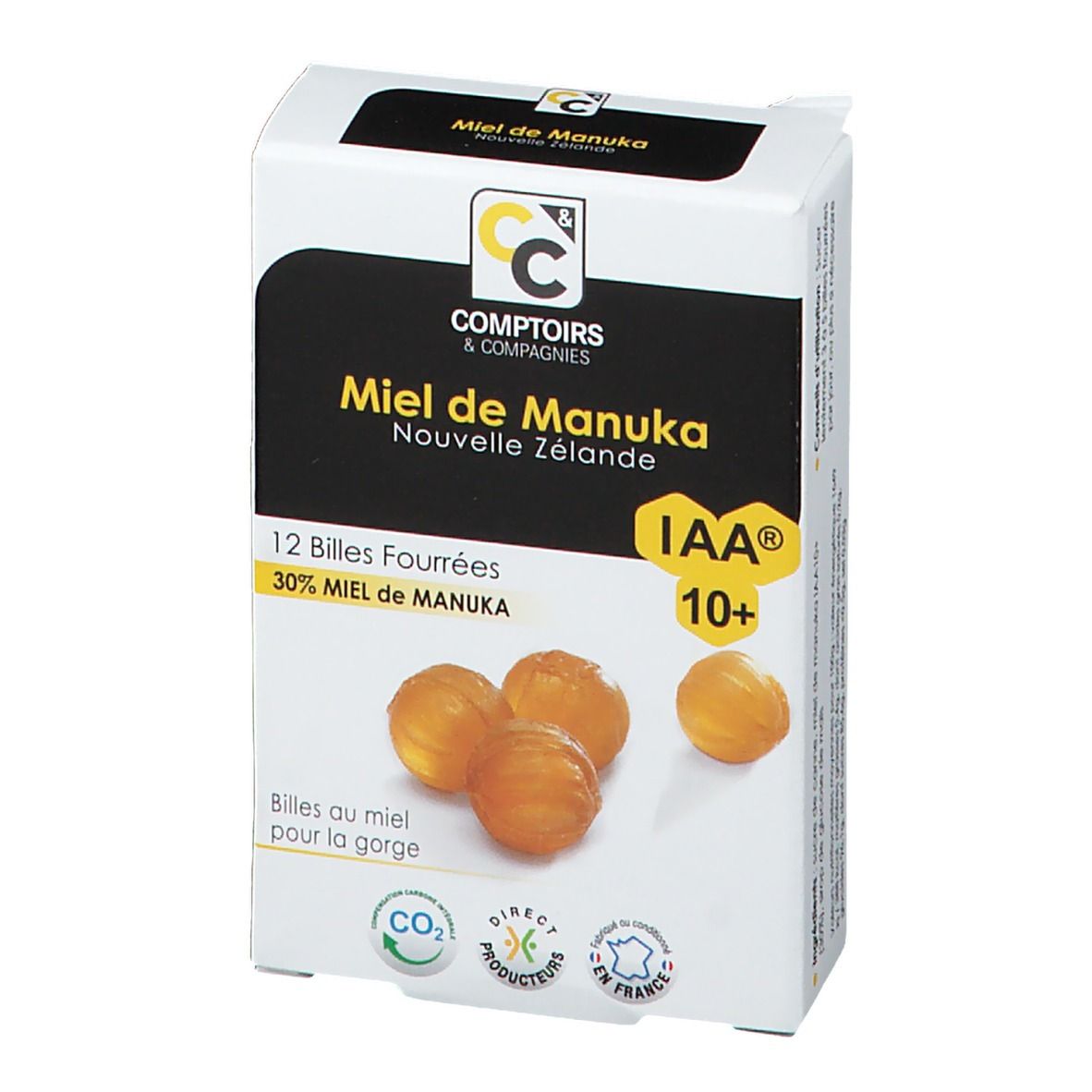 Voorkant verpakking Comptoirs & Compagnies Billes Fourrées Miel de Manuka IAA 10+. 12 tabletten.