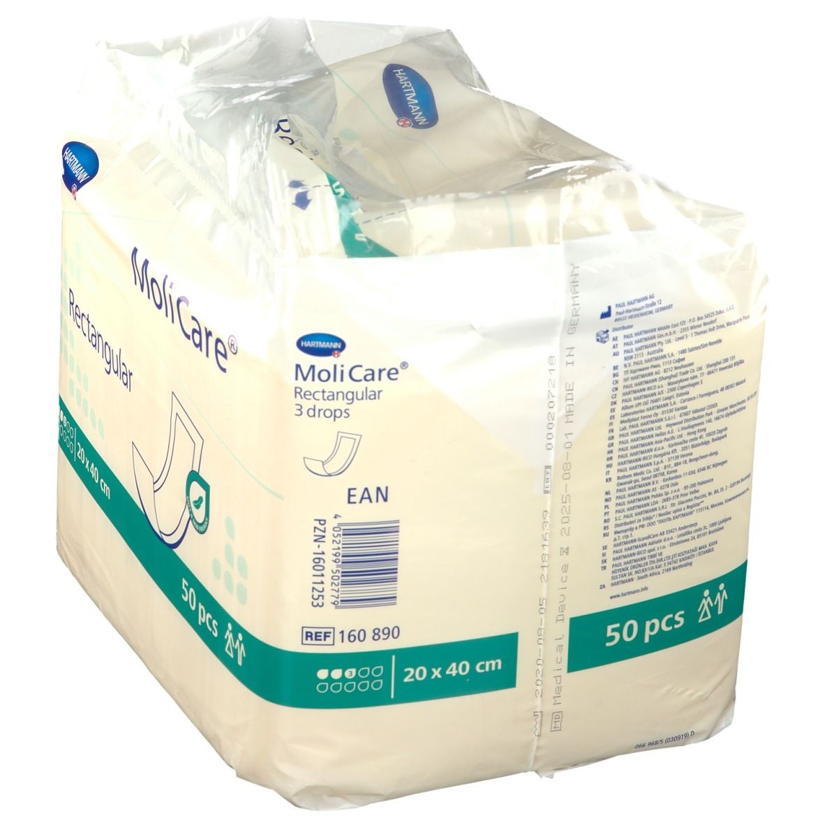 Paquet de MoliCare® Rectangular, 20 x 40 cm, 50 pièces. Marque Hartmann. Symbole 3 gouttes. Compresses rectangulaires. Code EAN.