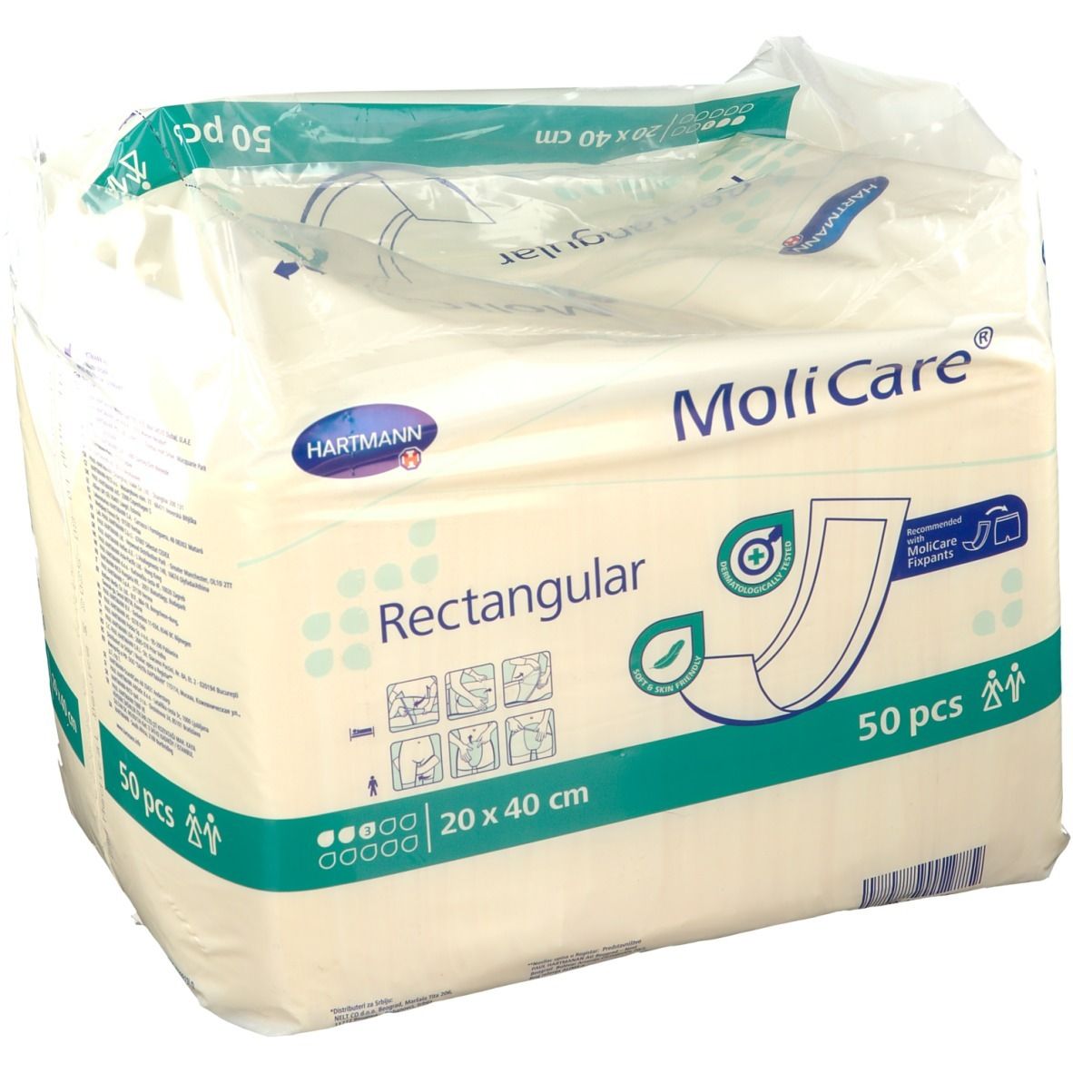 Paquet de MoliCare® Rectangular, 20 x 40 cm, 50 pièces. Marque Hartmann. Compresses rectangulaires avec symboles. Emballé.