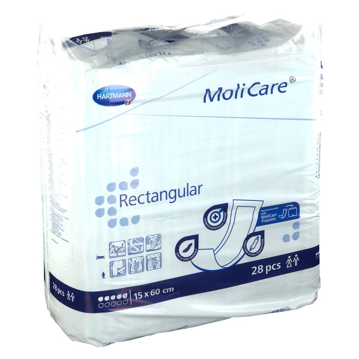 MoliCare® Rectangular, 15 x 60 cm, 28 pièces. Emballage avec image du produit et logo Hartmann. Inscriptions : Rectangular, 5 gouttes.