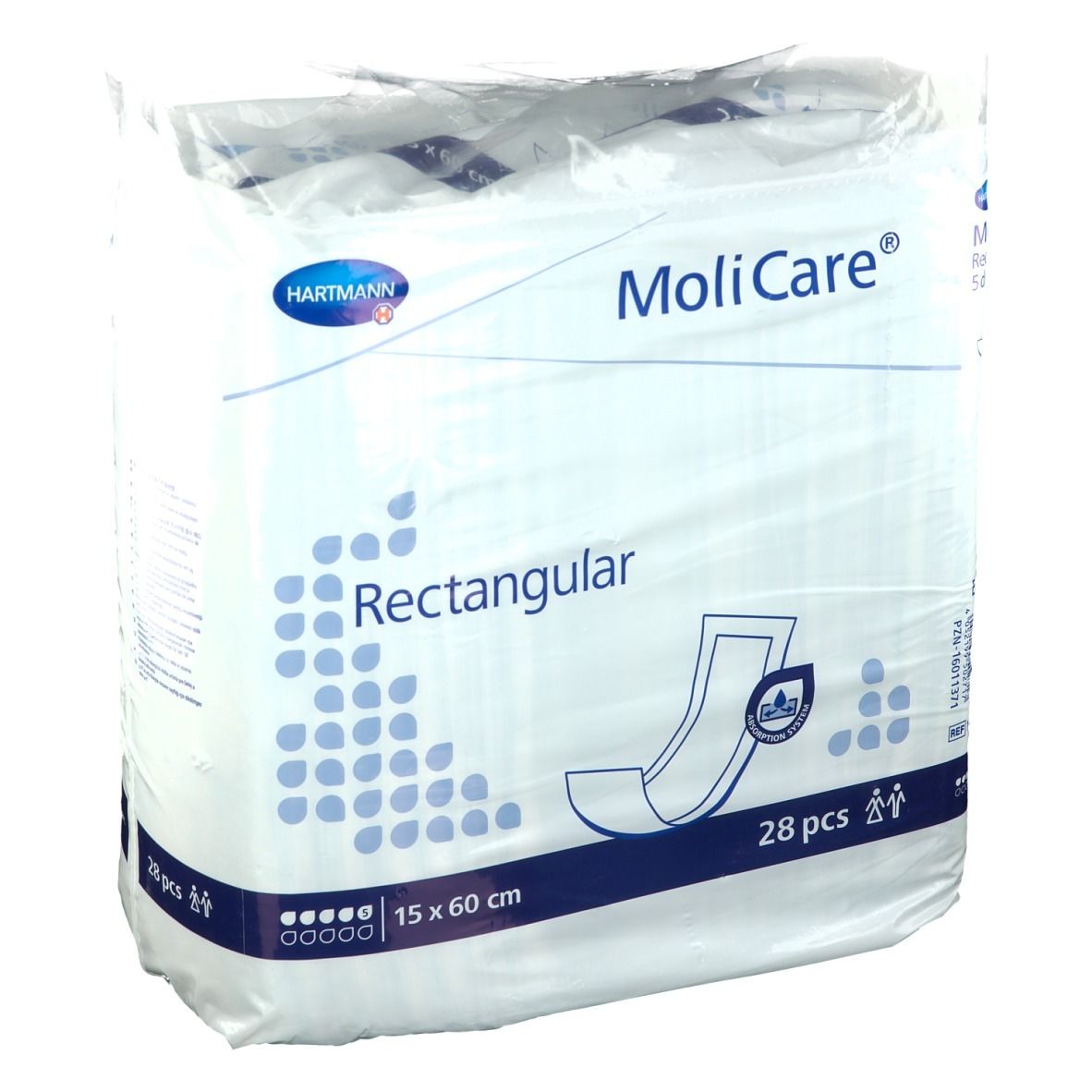MoliCare® Rectangular, 15 x 60 cm, 28 pièces. Emballage avec image du produit et logo Hartmann. Inscriptions : Rectangular, 5 gouttes.