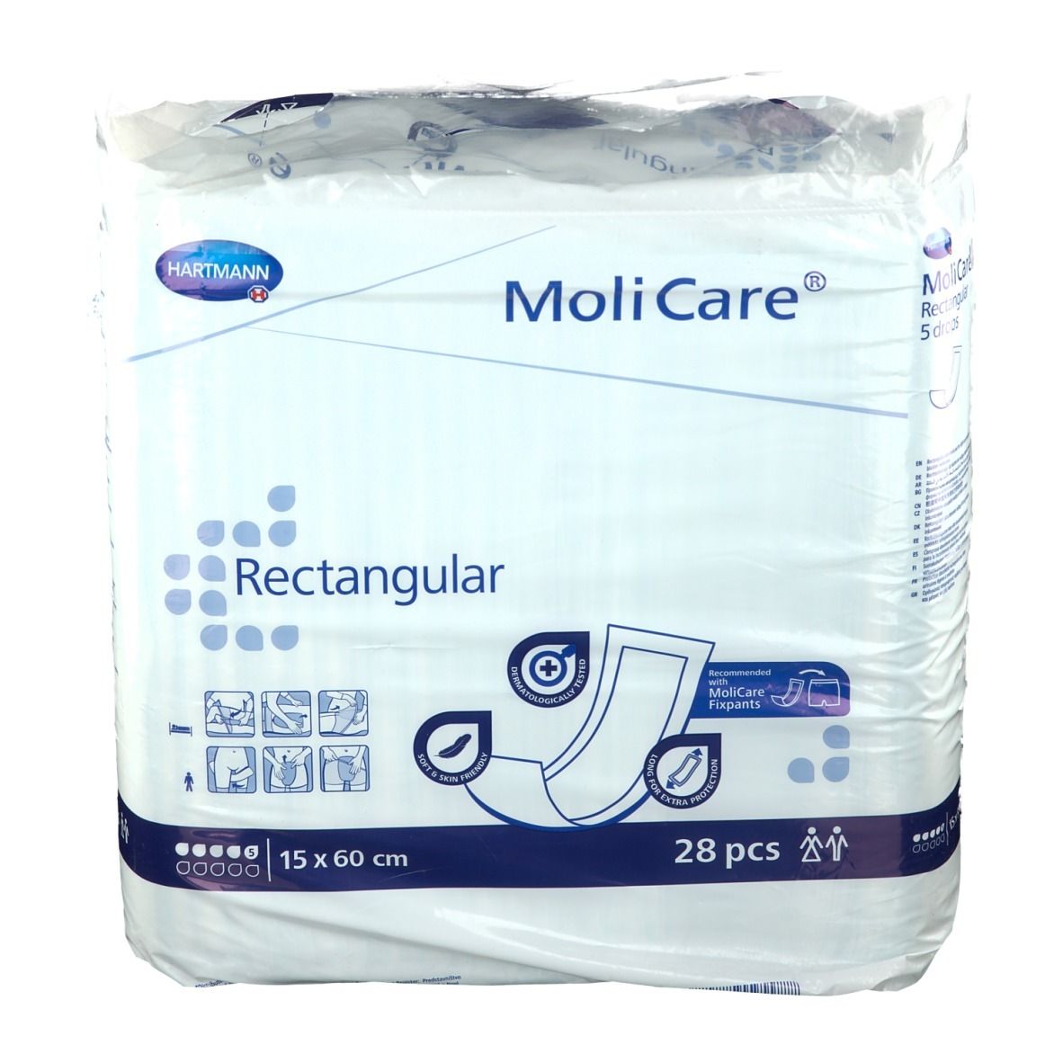 MoliCare® Rectangular, 15 x 60 cm, 28 pièces. Emballage avec image du produit et logo Hartmann. Inscriptions : Rectangular, 5 gouttes.