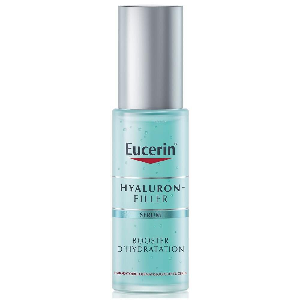 Flacon de sérum Eucerin Hyaluron-Filler. Sérum bleu dans un flacon en verre avec bouchon argenté. Texte : Hyaluron-Filler, Booster D'Hydratation.