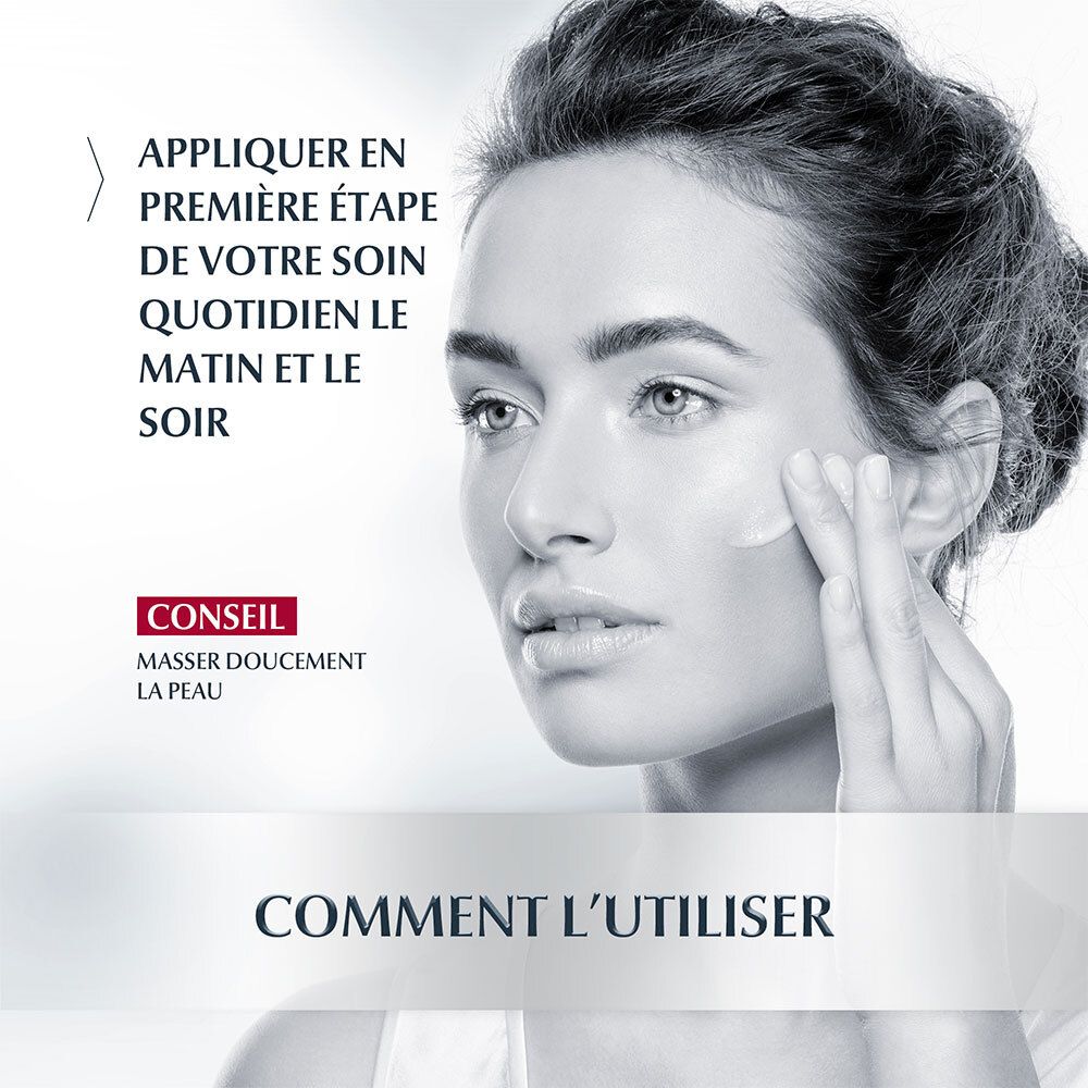 Femme appliquant du sérum. Texte : Appliquer matin et soir. Conseil : Masser doucement la peau. Texte : Comment l'utiliser.