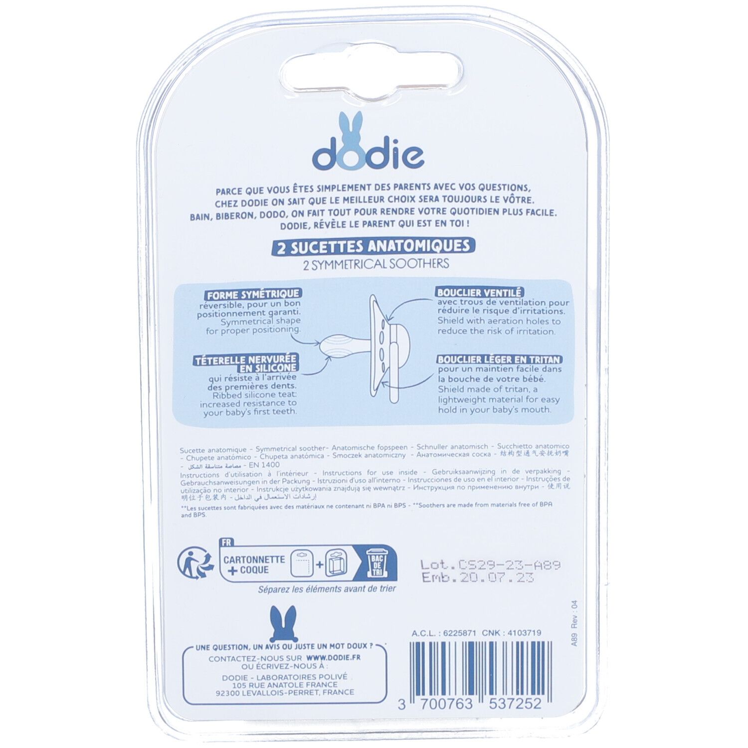 Achterkant van de blisterverpakking met productinformatie. Tekst: Dodie, 2 anatomische fopspenen, Forme symétrique.