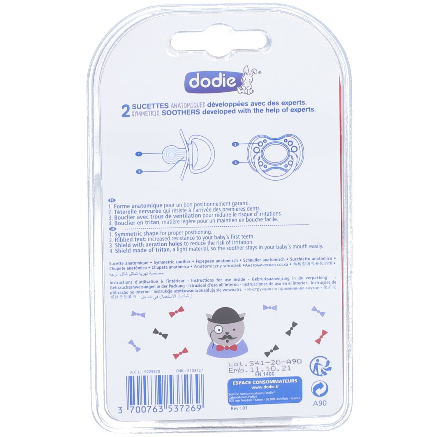 Rückseite der Blisterverpackung mit zwei Schnullern. Dodie-Logo, Produktinformationen und Illustrationen.