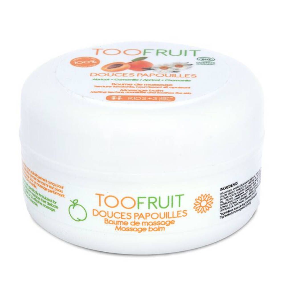 Pot blanc TOOFRUIT Douces Papouilles. Logo abricot et camomille. Certification bio. Texte: Baume de massage.