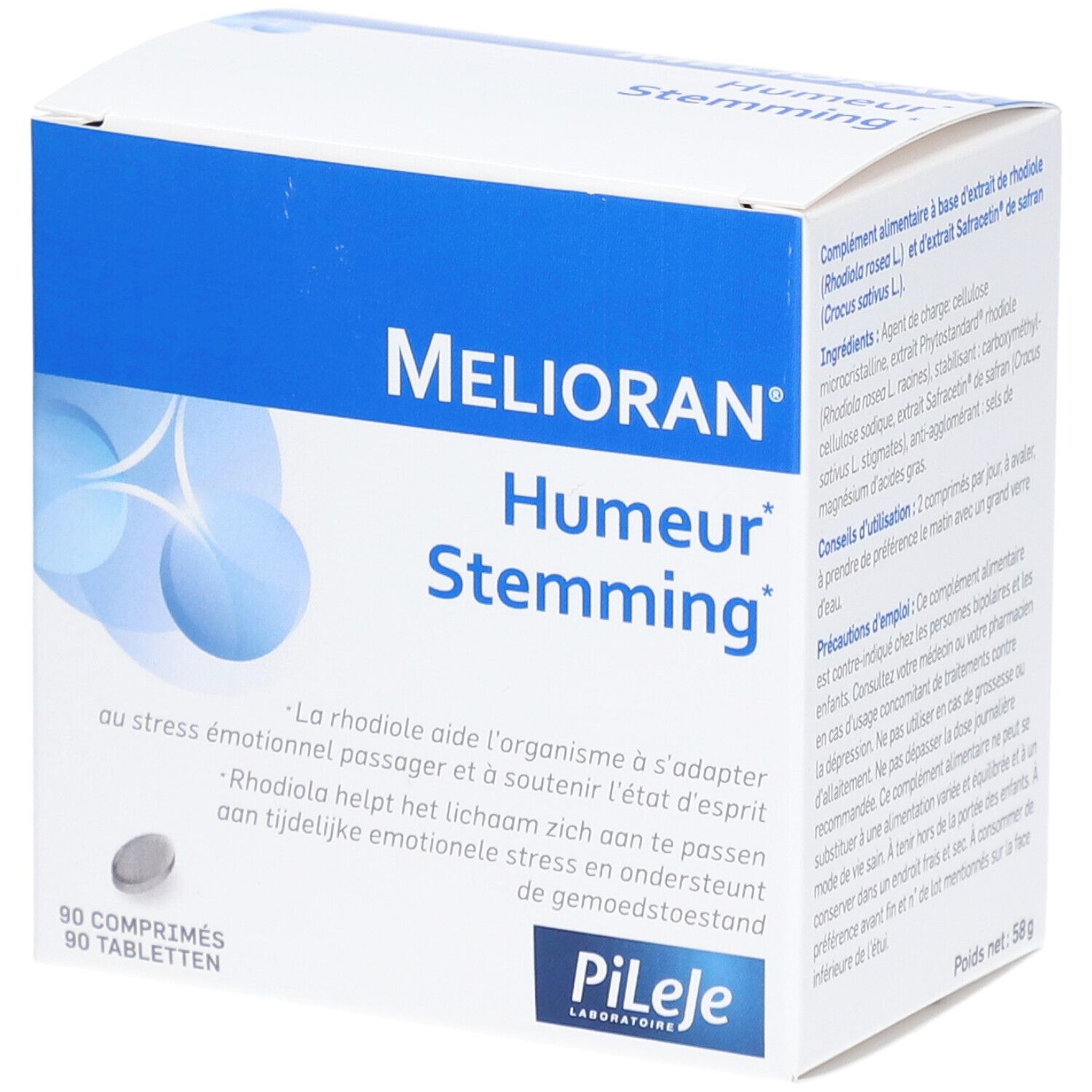 Boîte de Melioran Humer Stemming. Emballage bleu et blanc. 90 comprimés. Logo Pileje.