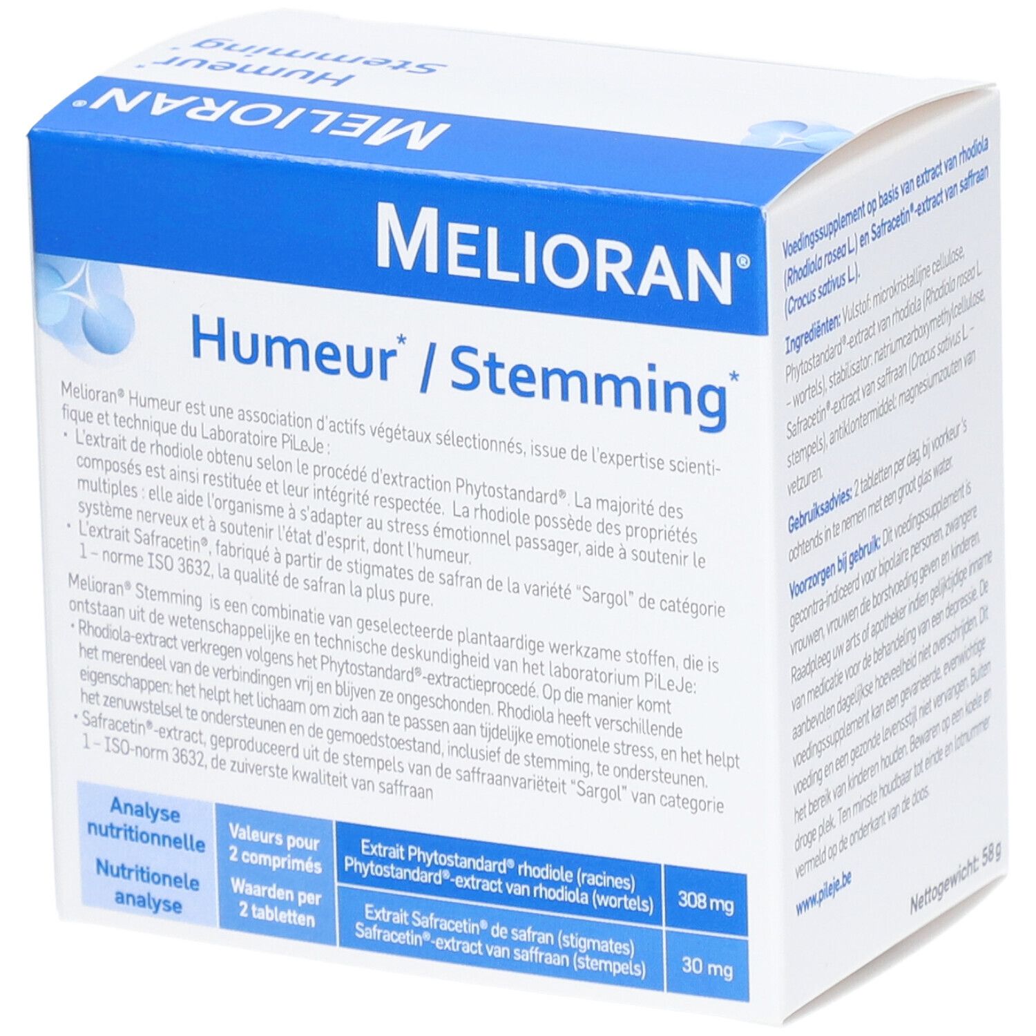 Boîte de Melioran Humer Stemming. Emballage bleu et blanc. 90 comprimés. Logo Pileje.