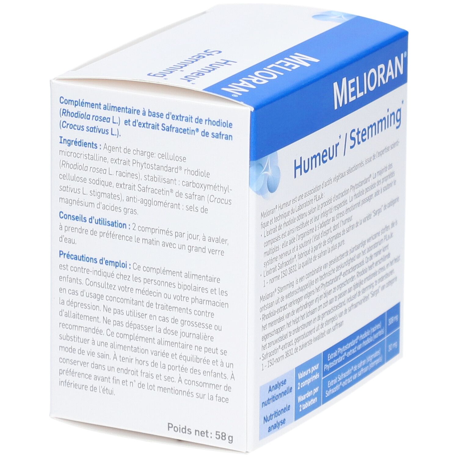 Boîte de Melioran Humer Stemming. Emballage bleu et blanc. 90 comprimés. Logo Pileje.