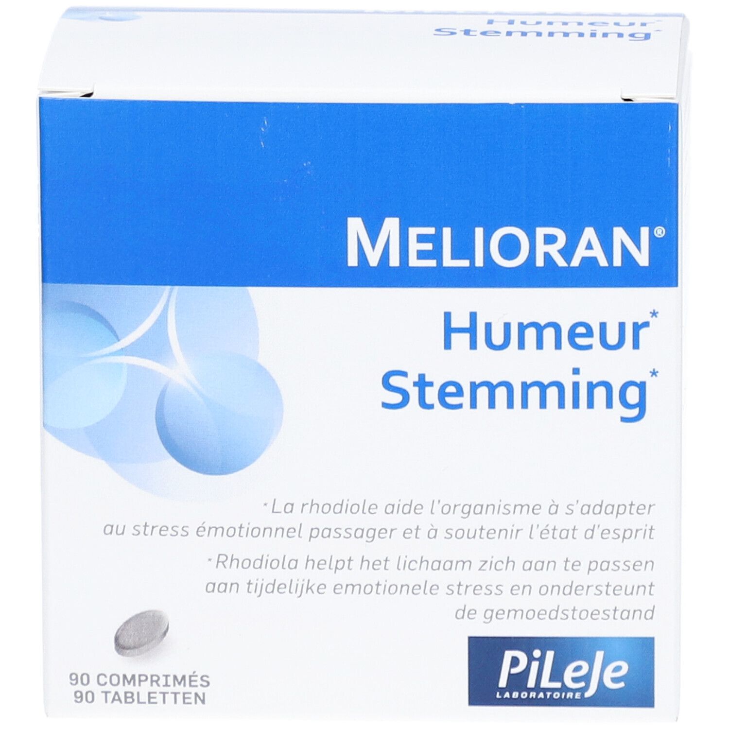 Boîte de Melioran Humer Stemming. Emballage bleu et blanc. 90 comprimés. Logo Pileje.