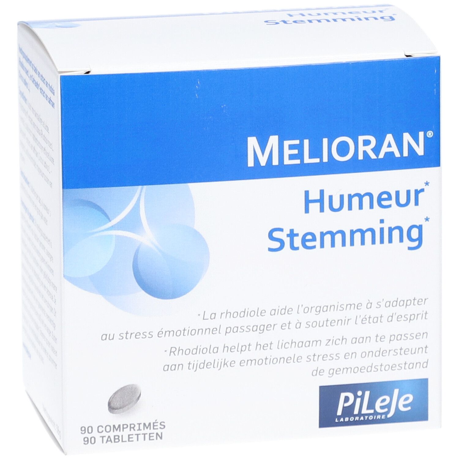 Boîte de Melioran Humer Stemming. Emballage bleu et blanc. 90 comprimés. Logo Pileje.