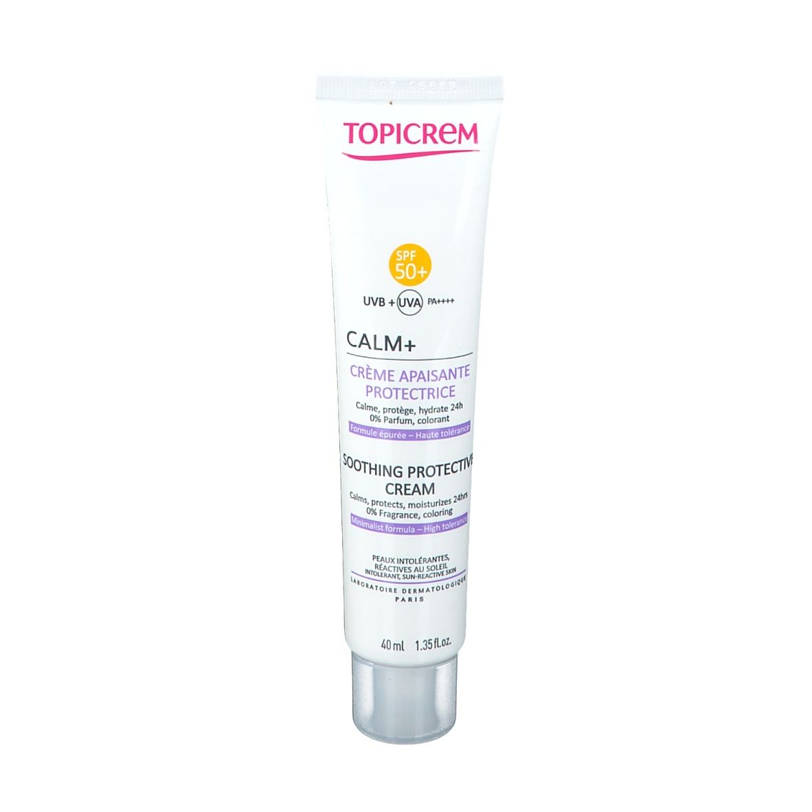 Witte tube met opdruk. Merk TOPICREM, CALM+ crème, SPF 50+. Franse tekst. 40 ml.