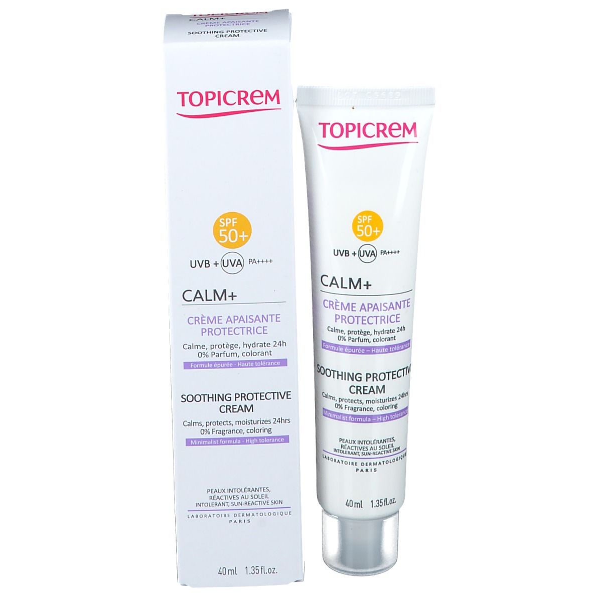 Productverpakking. Tube en doos. Merk TOPICREM, CALM+ crème, SPF 50+. Franse tekst. 40 ml.