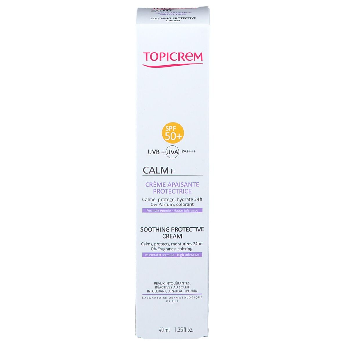 Productverpakking. Doos. Merk TOPICREM, CALM+ crème, SPF 50+. Franse tekst. 40 ml.