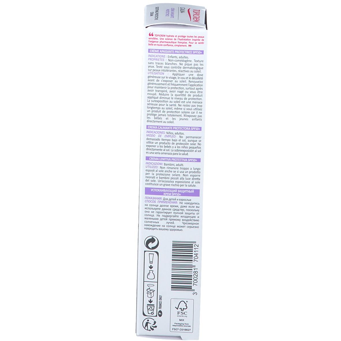 Achterkant van de doos. Franse tekst. Merk TOPICREM. Ingrediënten en waarschuwingen. 40 ml.
