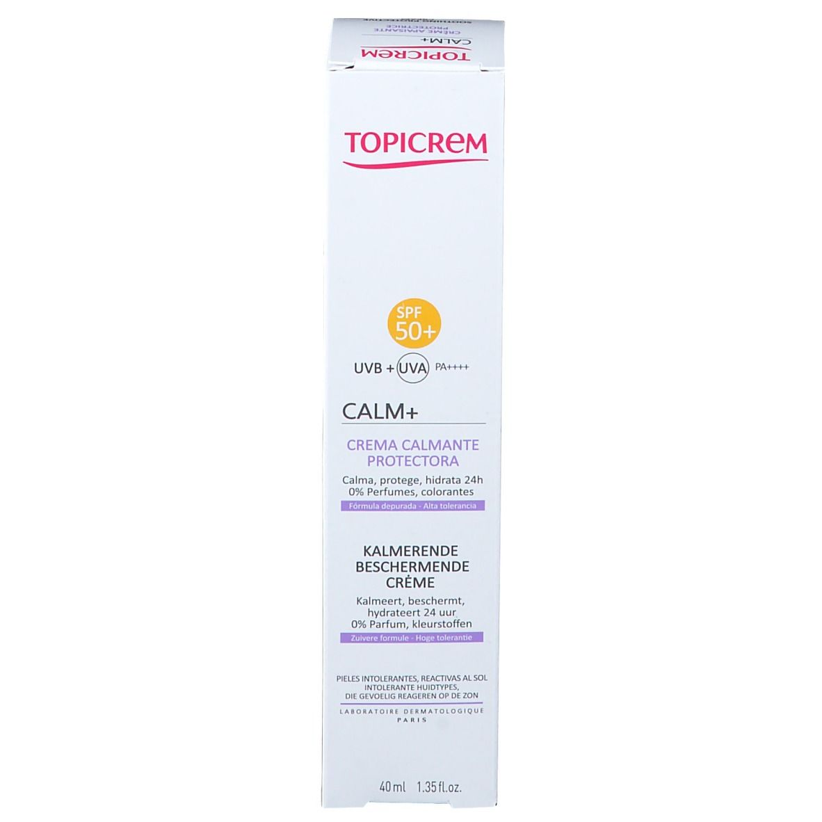 Productverpakking. Doos. Merk TOPICREM, CALM+ crème, SPF 50+. Meertalige tekst. 40 ml.