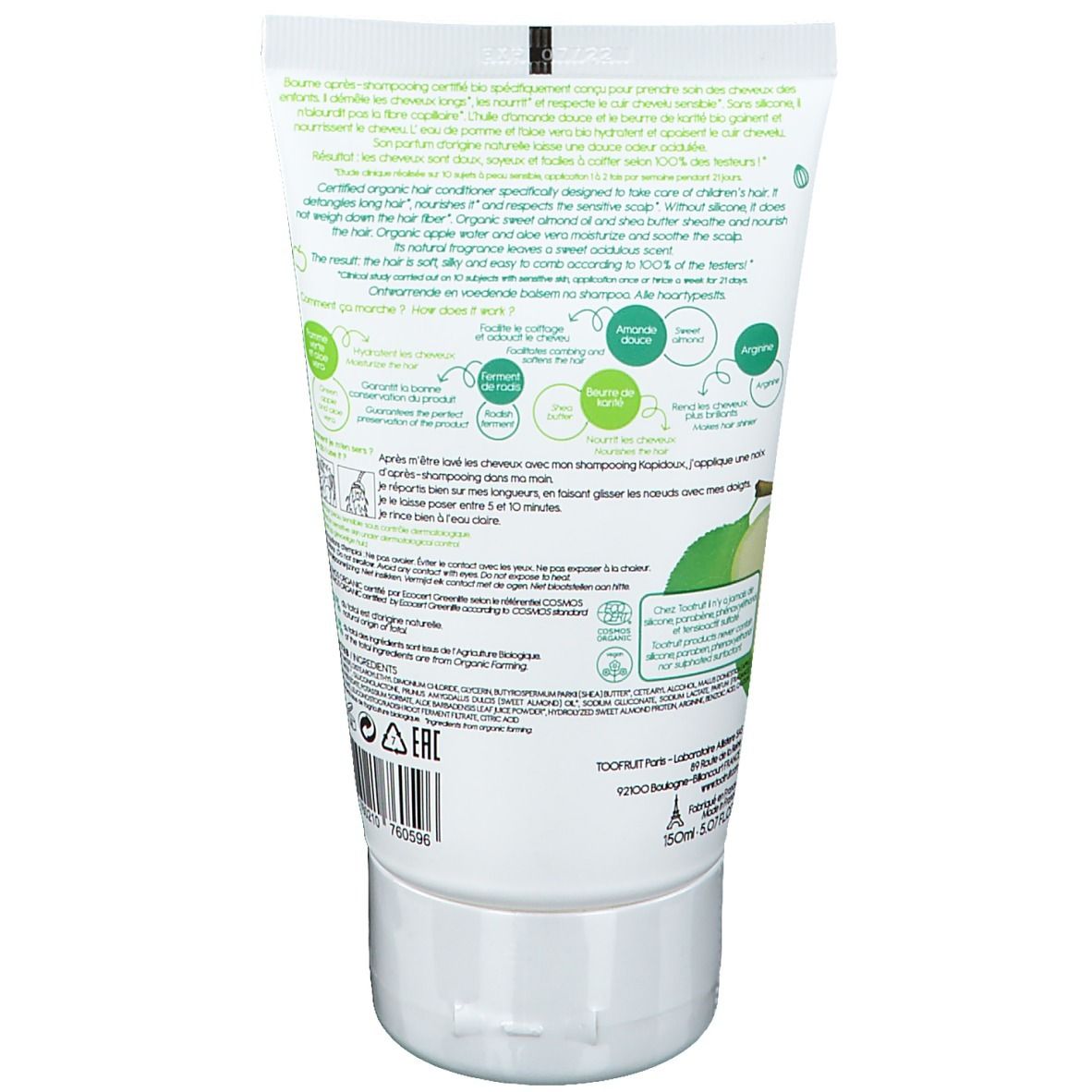 Dos du tube de shampooing TOOFRUIT® Kapidoux. Texte et illustrations. Informations sur les ingrédients et certifications.