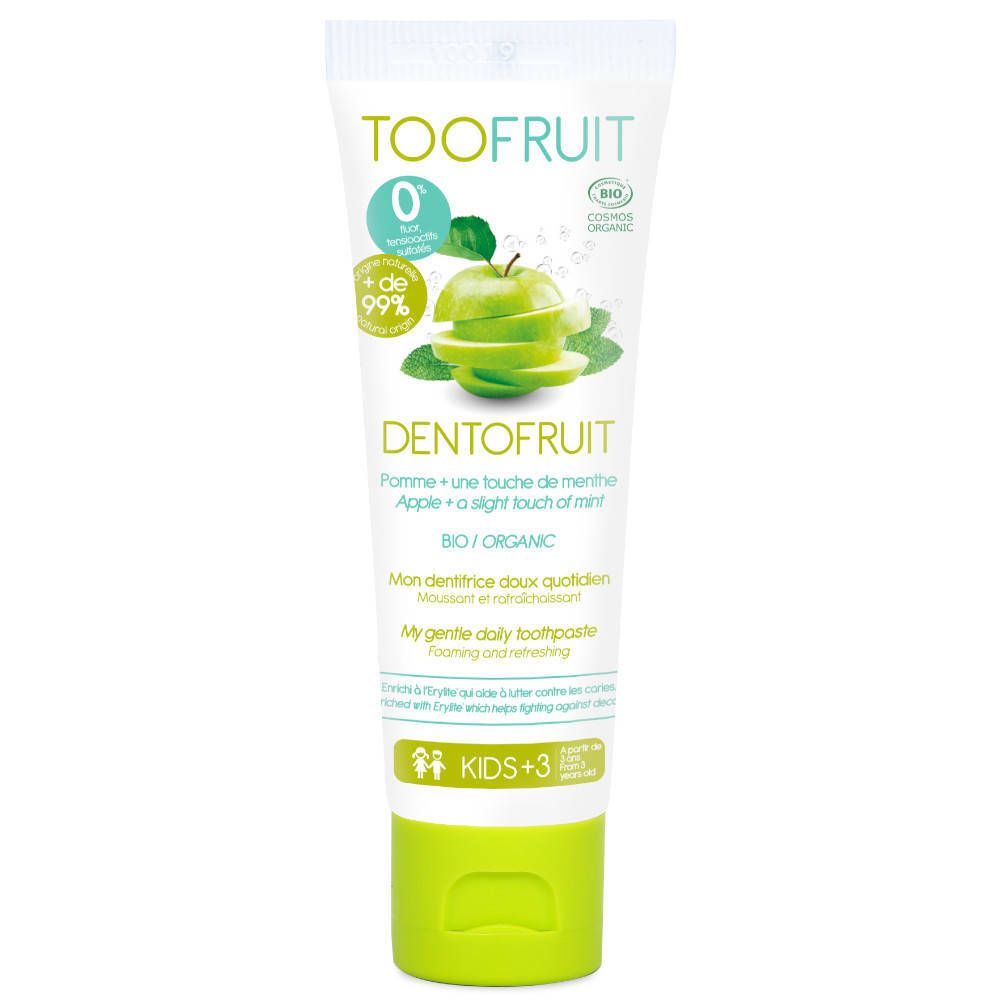 Tube de dentifrice TOOFRUIT DENTOFUIT, saveur pomme et menthe. Emballage blanc et vert, bouchon vert. Label BIO.