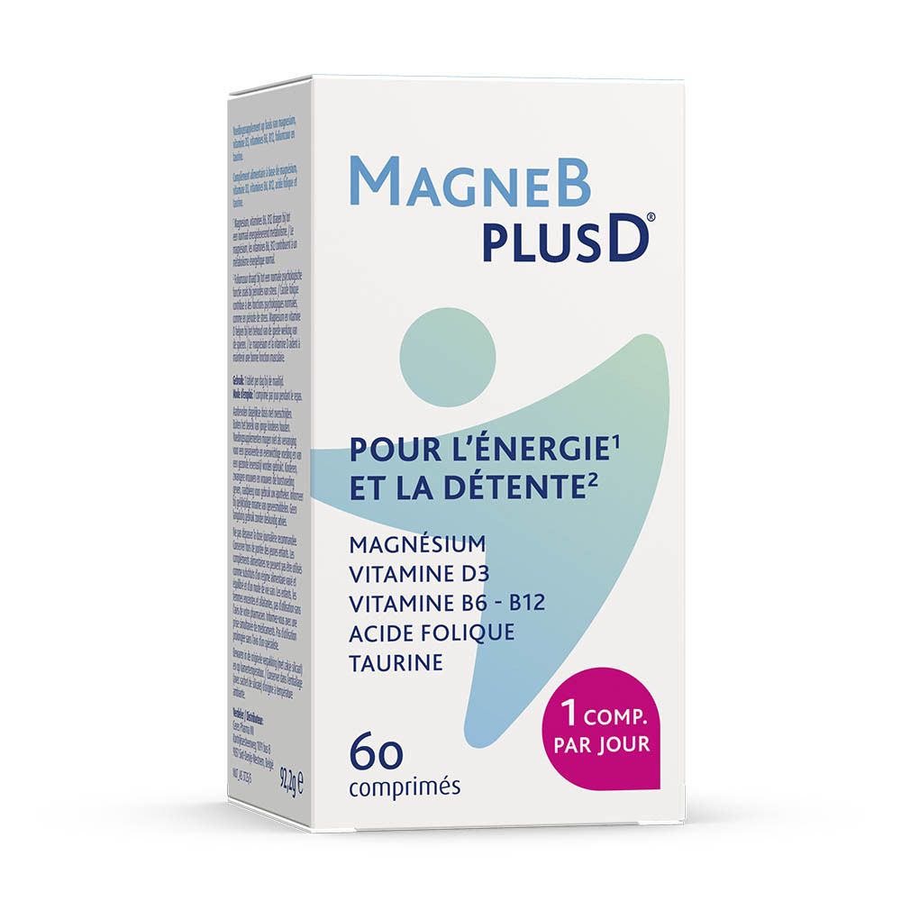 Boîte blanche avec inscription: MagneB PlusD. Texte: Pour l'énergie et la détente. Contient 60 comprimés. 1 comprimé par jour.