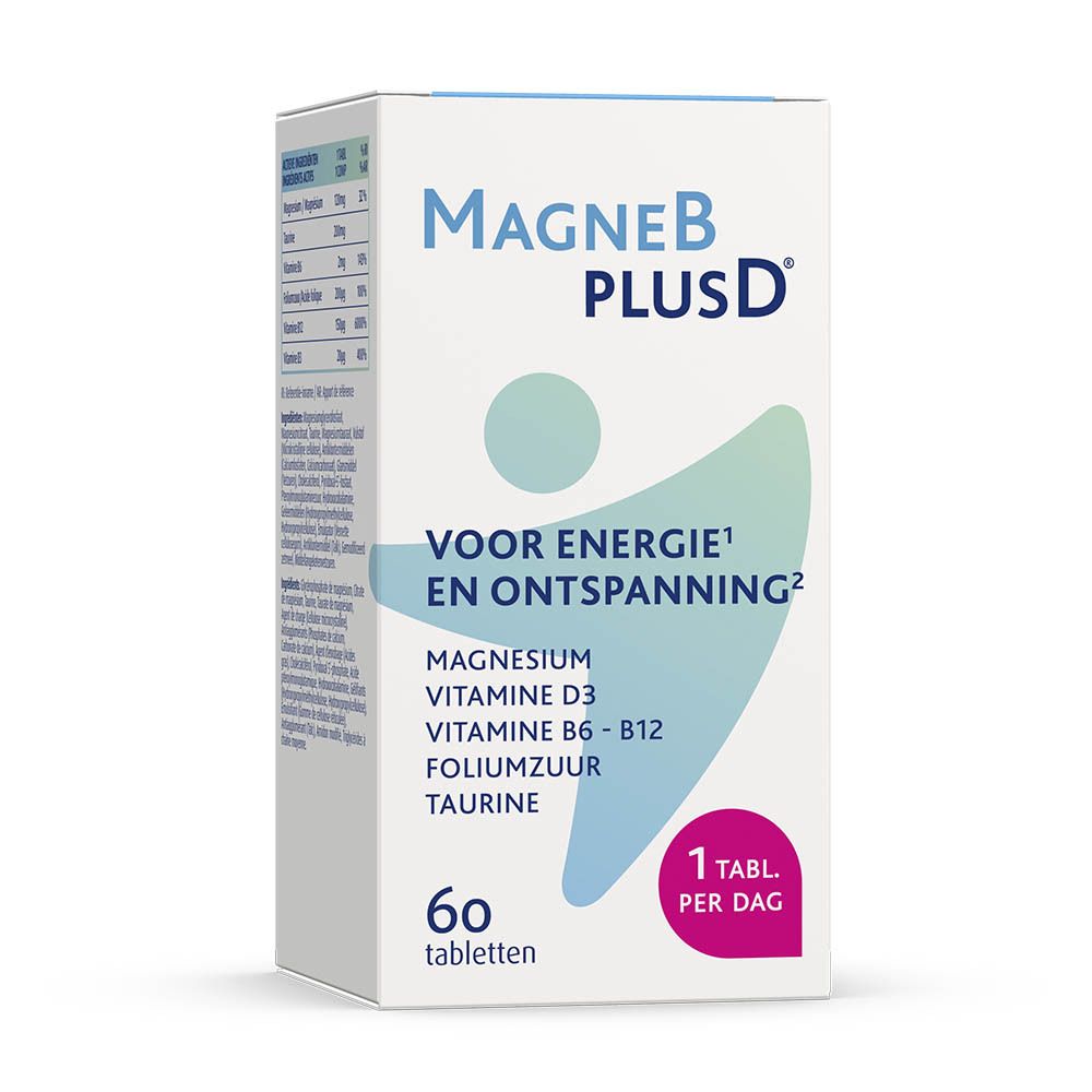 Witte doos met opschrift: MagneB PlusD. Tekst: Voor energie en ontspanning. Bevat 60 tabletten. 1 tablet per dag.