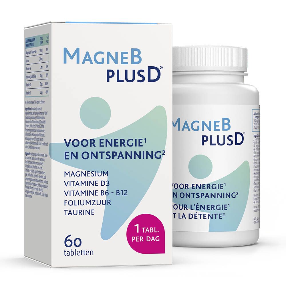 Witte doos en fles. Opschrift: MagneB PlusD. Tekst: Voor energie en ontspanning. 60 tabletten. 1 tablet per dag.