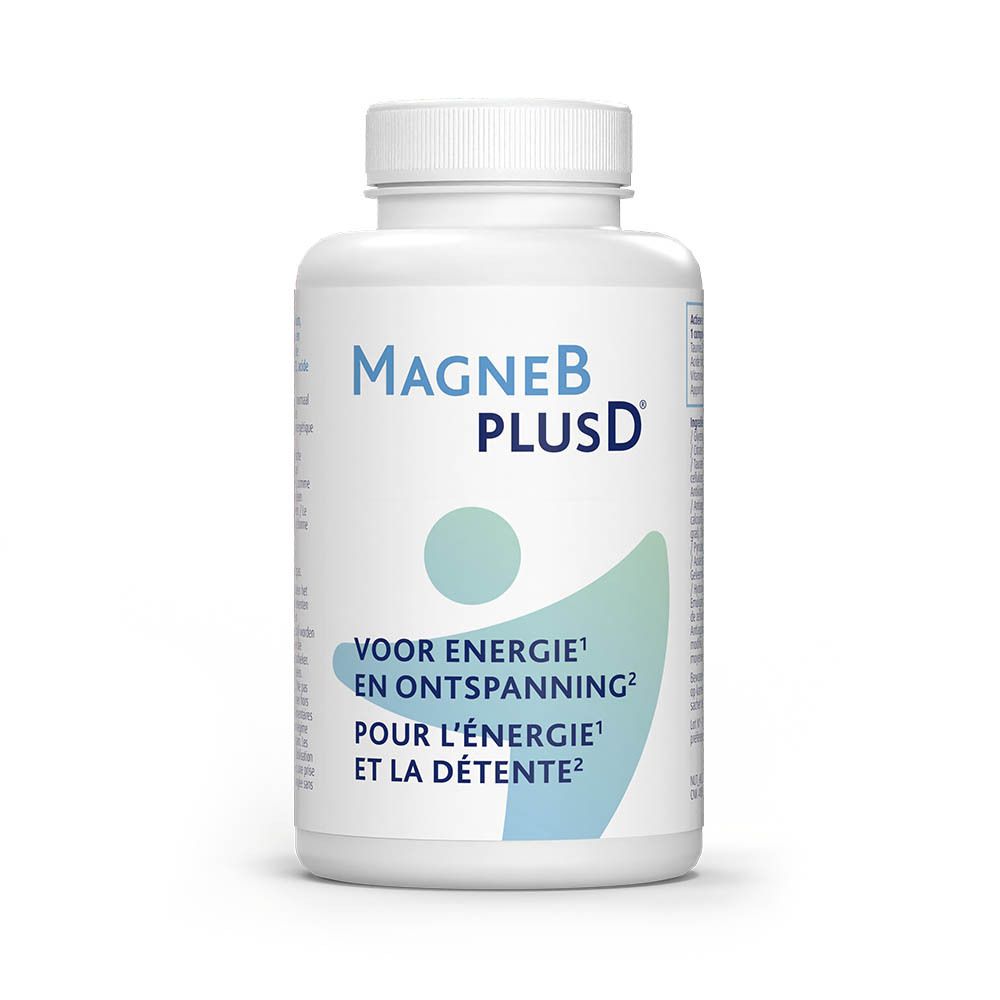 Flacon blanc "MagneB PLUSD". Contient des comprimés. Texte : "POUR L'ÉNERGIE ET LA DÉTENTE".