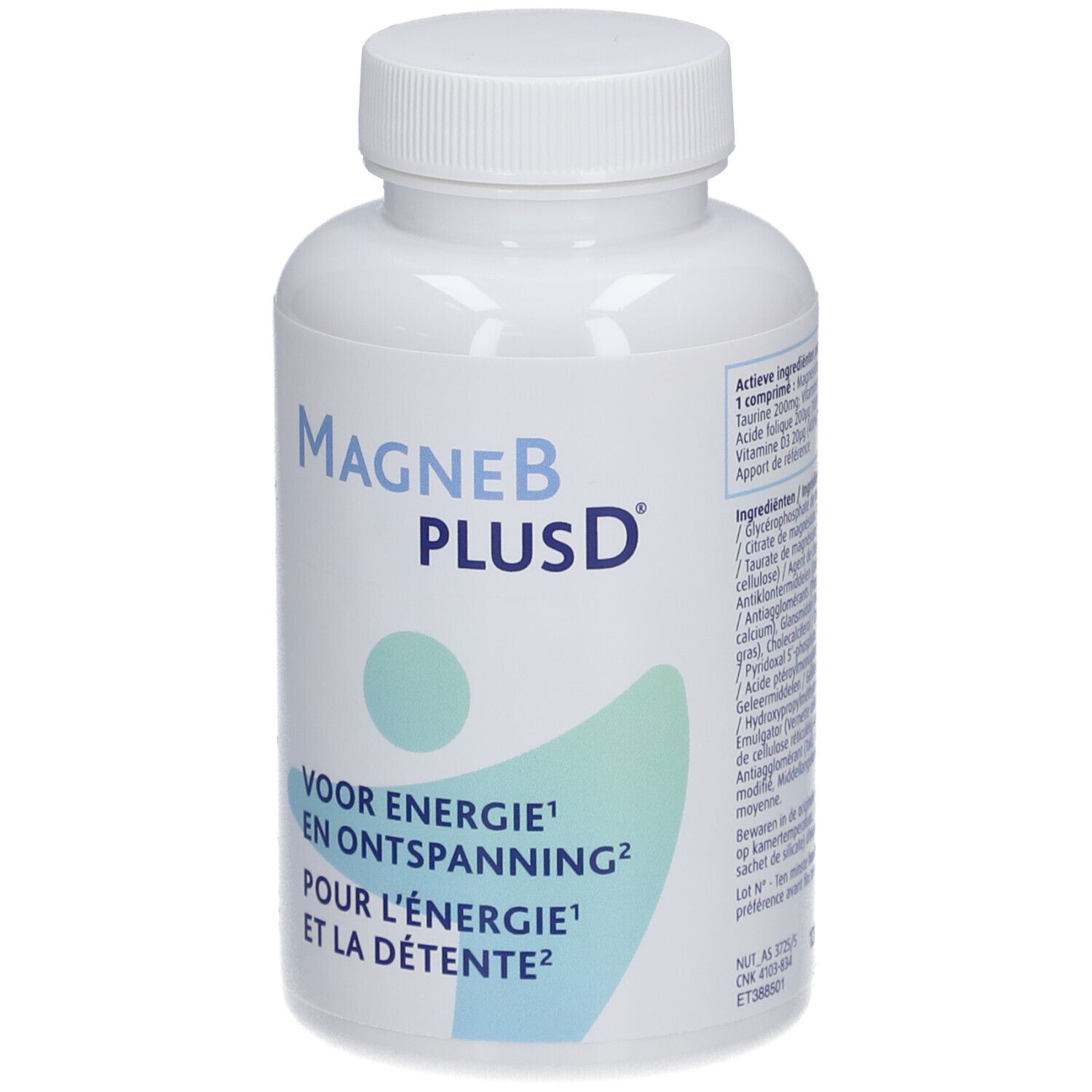 Flacon blanc "MagneB PLUSD". Contient des comprimés. Texte : "POUR L'ÉNERGIE ET LA DÉTENTE".