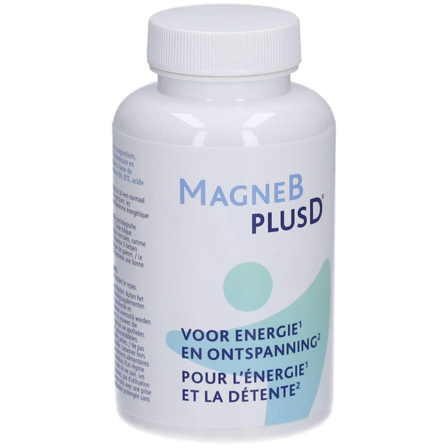 Flacon blanc "MagneB PLUSD". Contient des comprimés. Texte : "POUR L'ÉNERGIE ET LA DÉTENTE".