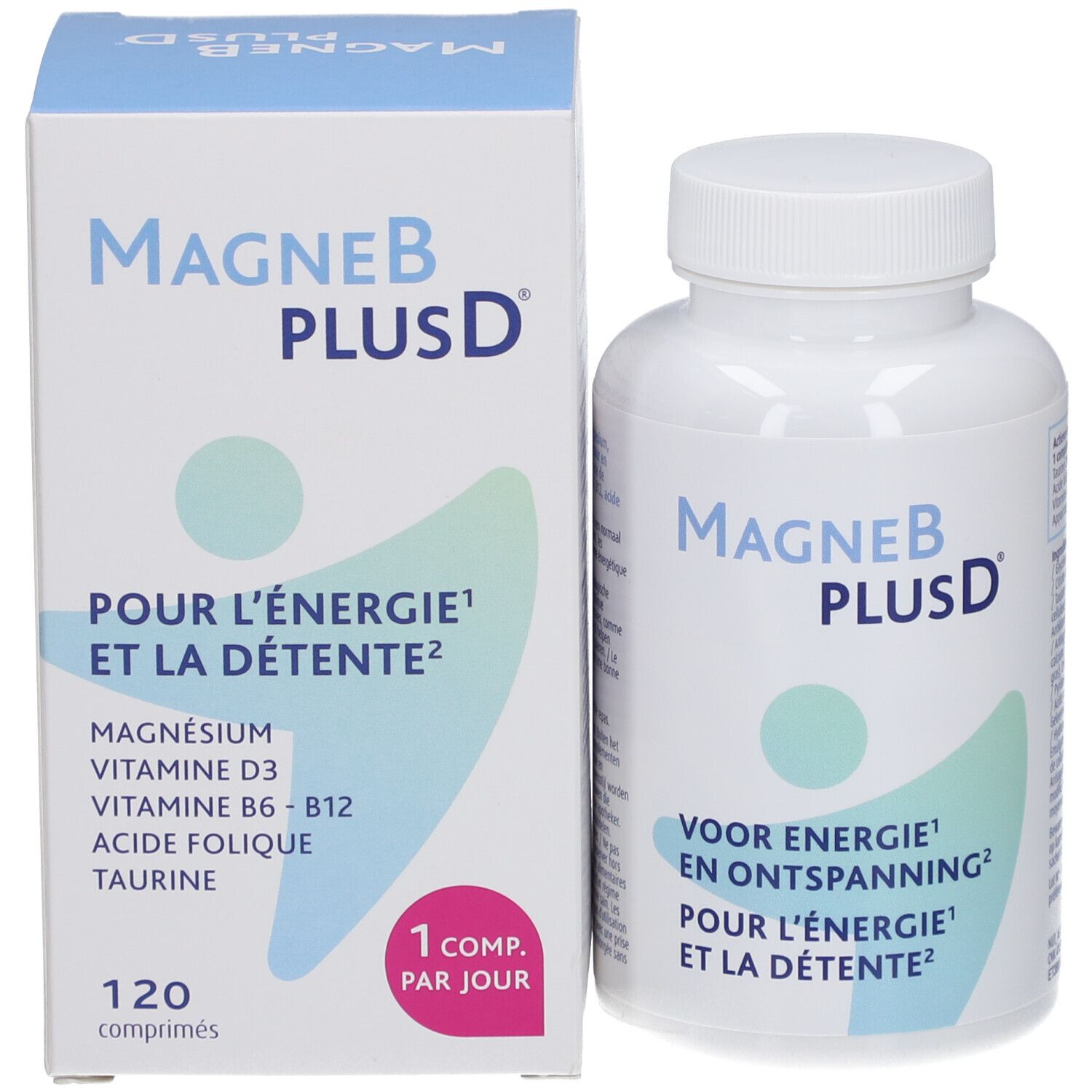 Emballage et flacon "MagneB PLUSD". Emballage avec texte : "POUR L'ÉNERGIE ET LA DÉTENTE". 120 comprimés.