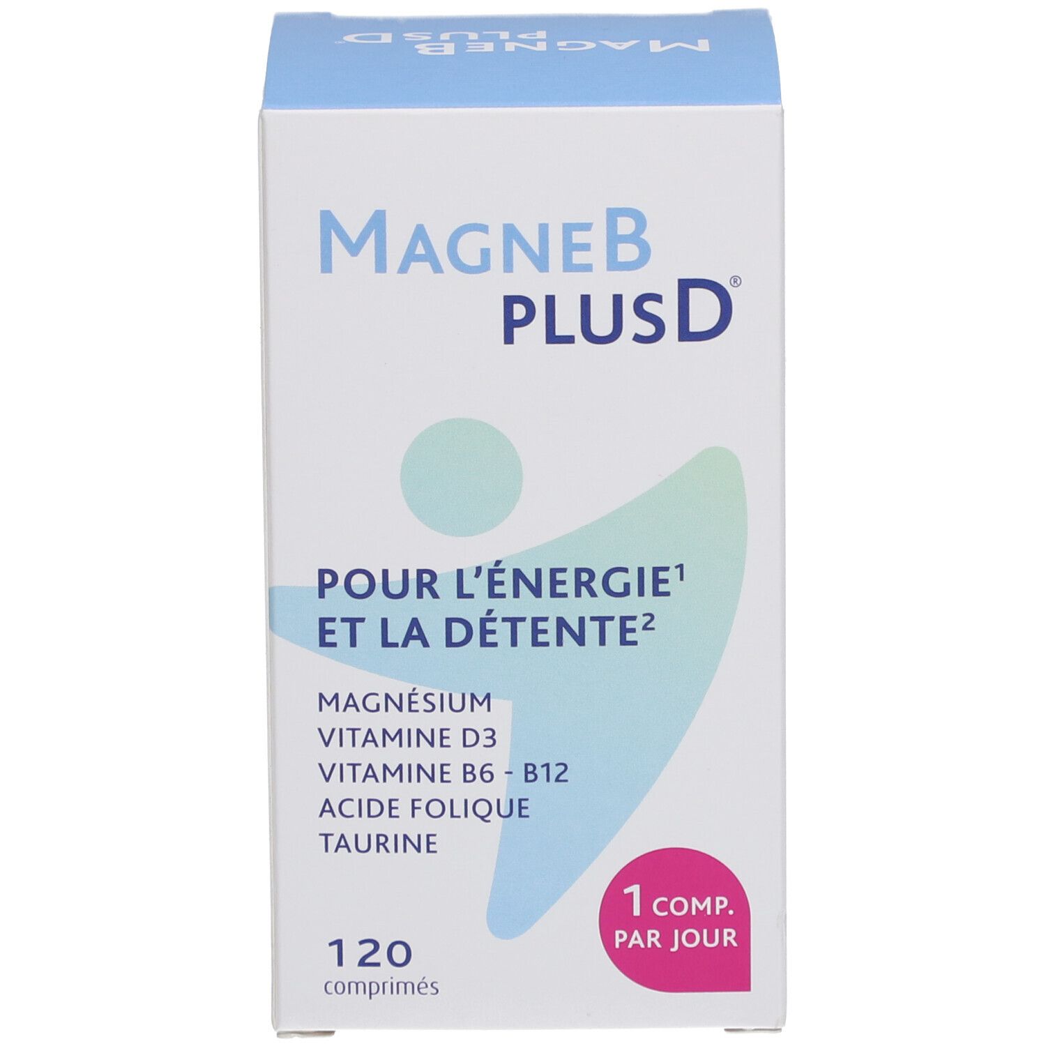 Emballage "MagneB PLUSD". Texte : "POUR L'ÉNERGIE ET LA DÉTENTE". 120 comprimés. 1 comp. par jour.