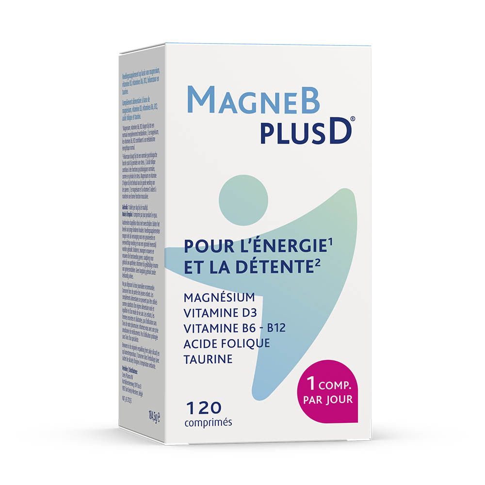 Emballage "MagneB PLUSD". Texte : "POUR L'ÉNERGIE ET LA DÉTENTE". 120 comprimés. 1 comp. par jour.