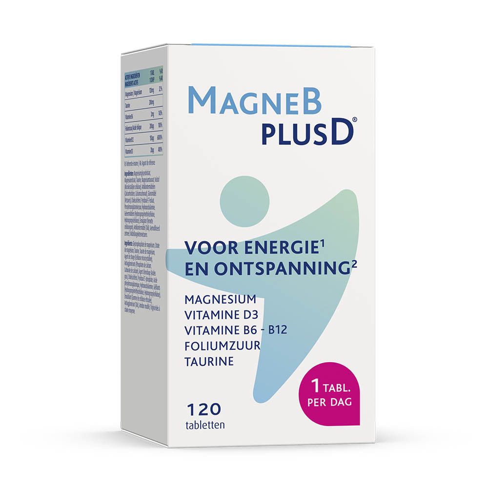 Verpakking "MagneB PLUSD". Tekst: "VOOR ENERGIE EN ONTSPANNING". 120 tabletten. 1 tabl. per dag.
