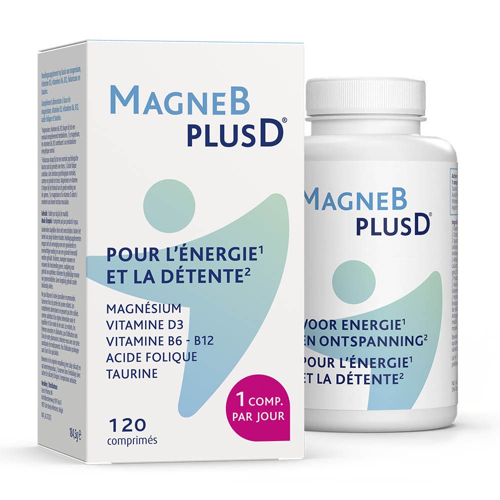 Emballage et flacon "MagneB PLUSD". Emballage avec texte : "POUR L'ÉNERGIE ET LA DÉTENTE". 120 comprimés.