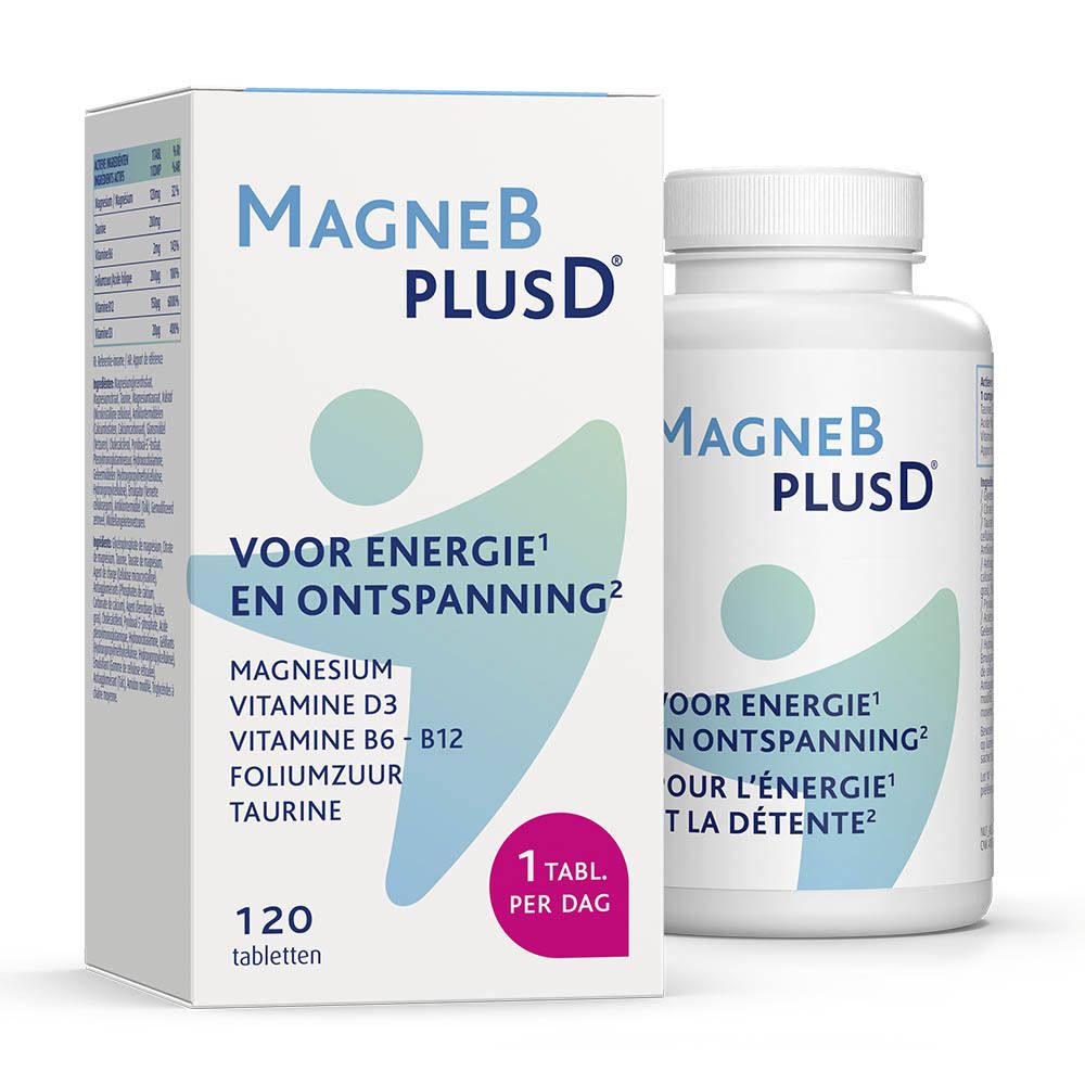 Verpakking en fles "MagneB PLUSD". Verpakking met tekst: "VOOR ENERGIE EN ONTSPANNING". 120 tabletten.
