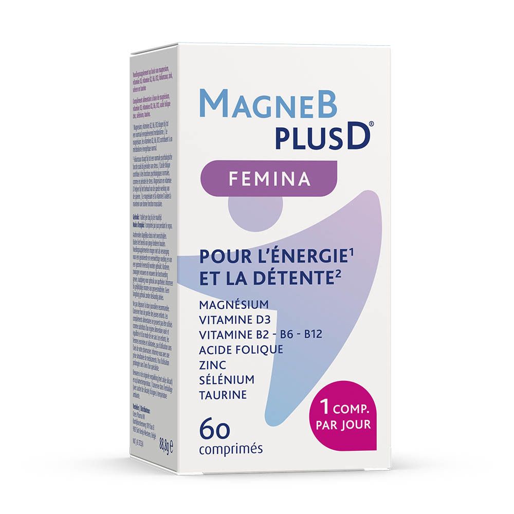 Boîte MagneB PlusD Femina. Contient 60 comprimés. Ingrédients: Magnésium, Vitamine D3, B2-B6-B12, Acide folique, Zinc, Sélénium, Taurine.